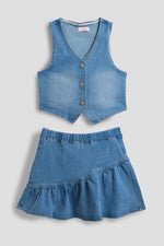 Girls Denim Vest & Ruffle Skirt Set