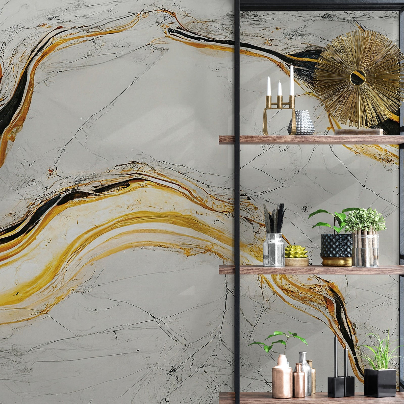 Luxurious Marble Wallpaper. Gold and Black Marble Slate Wall Mural. #6735