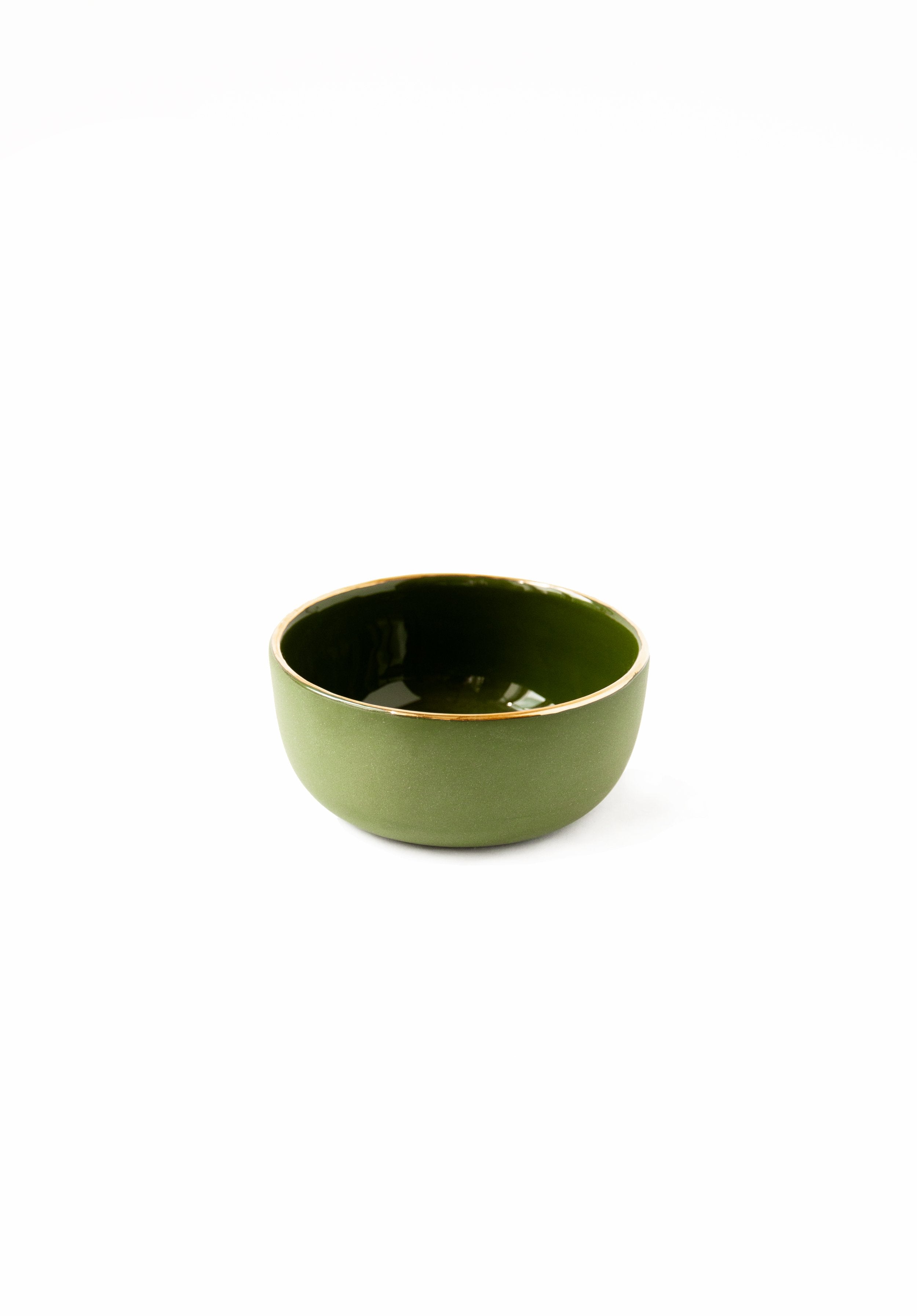 Handmade Porcelain Pinch Bowl with Gold Rim. Green