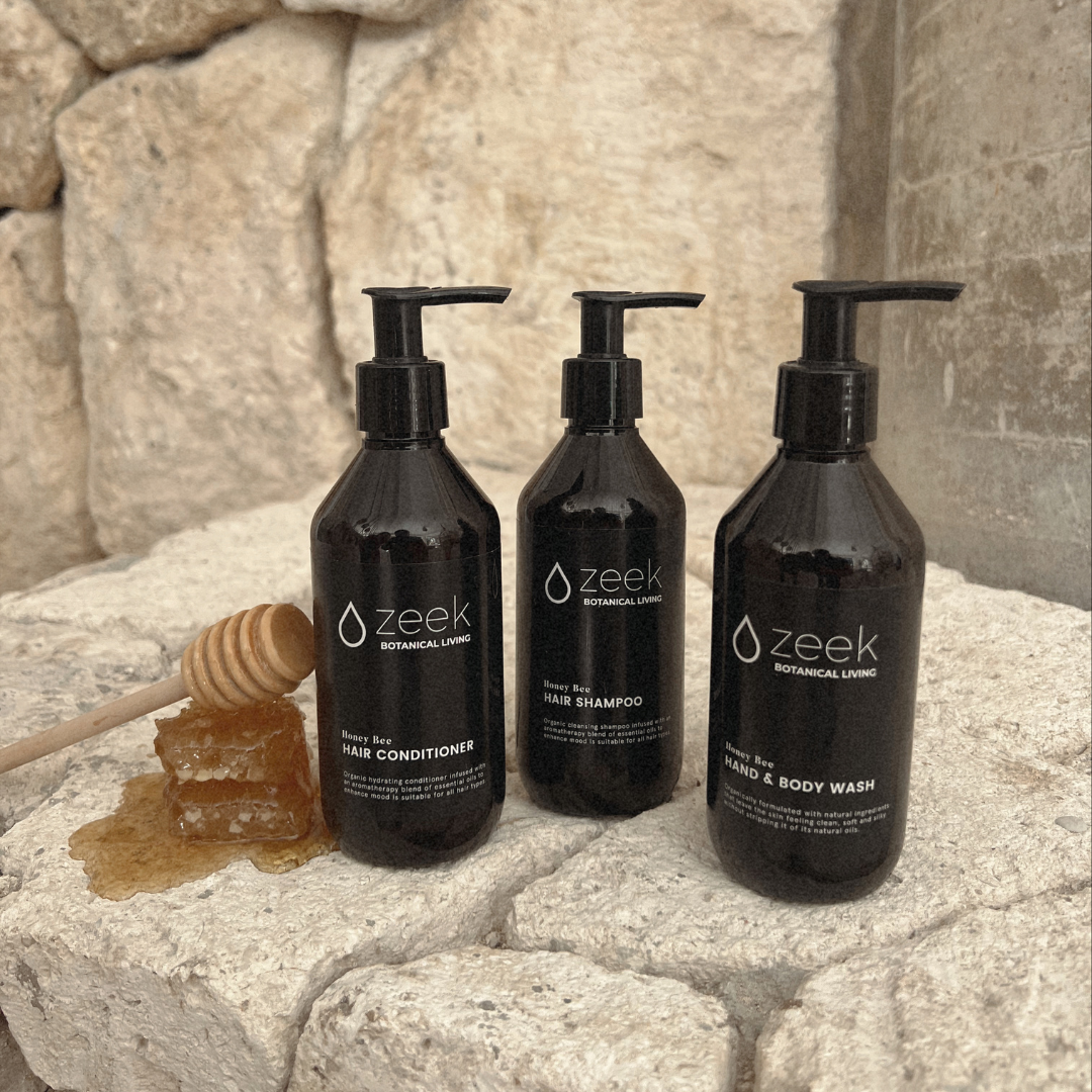ZEEK MAYAN BEE ORGANIC HONEY SET: SHAMPOO, CONDITIONER, & BODY WASH  / 8 OZ BOTTLES