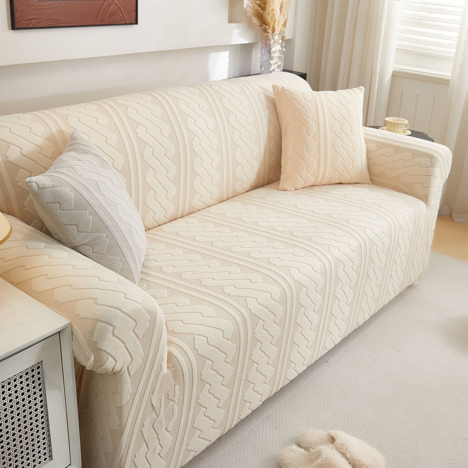 3D Embossed Geometric Couch Slipcover, Stretch Washable Non Slip Furniture Protector