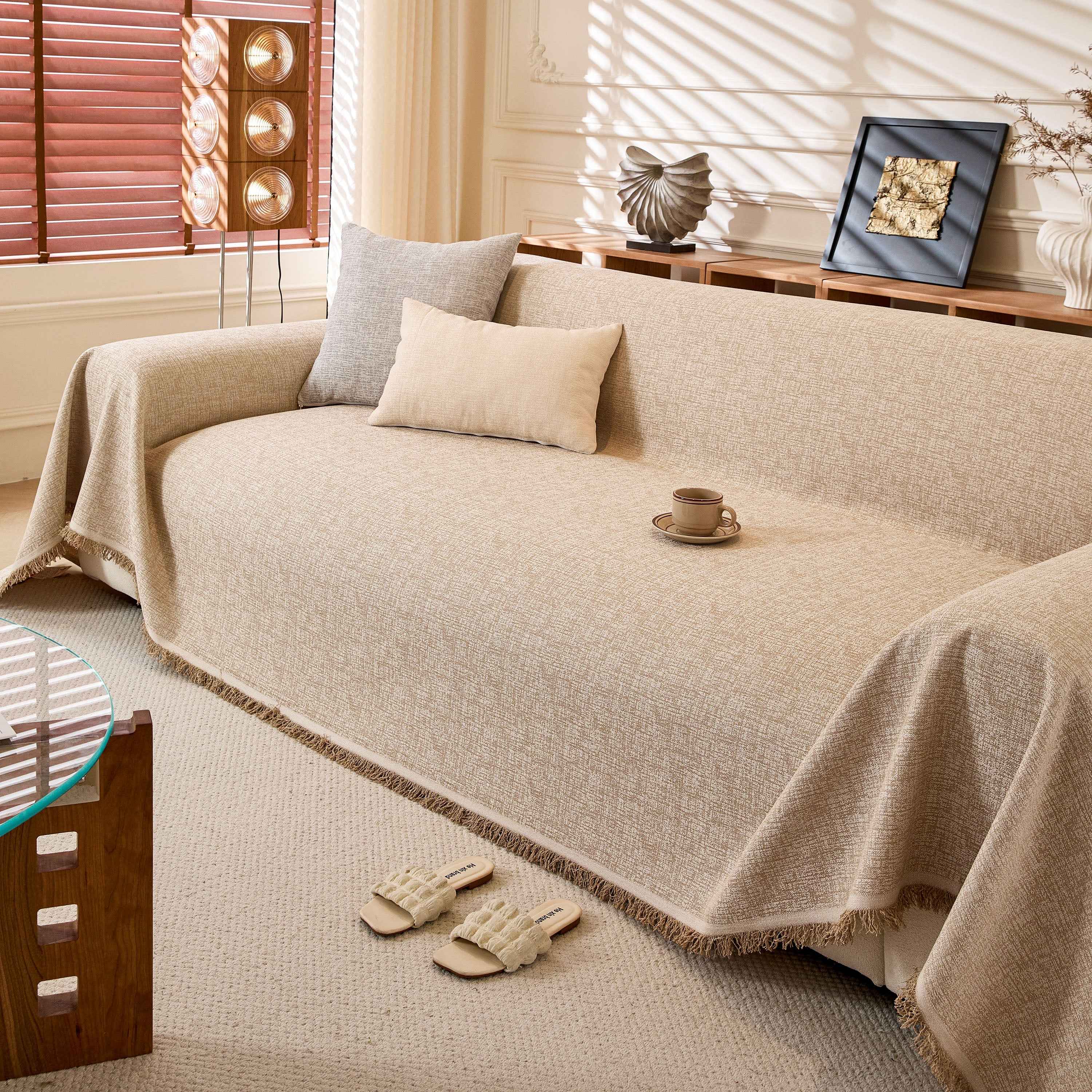 Natural Textured Linen Couch Cover, Breathable & Hypoallergenic Furniture Protector