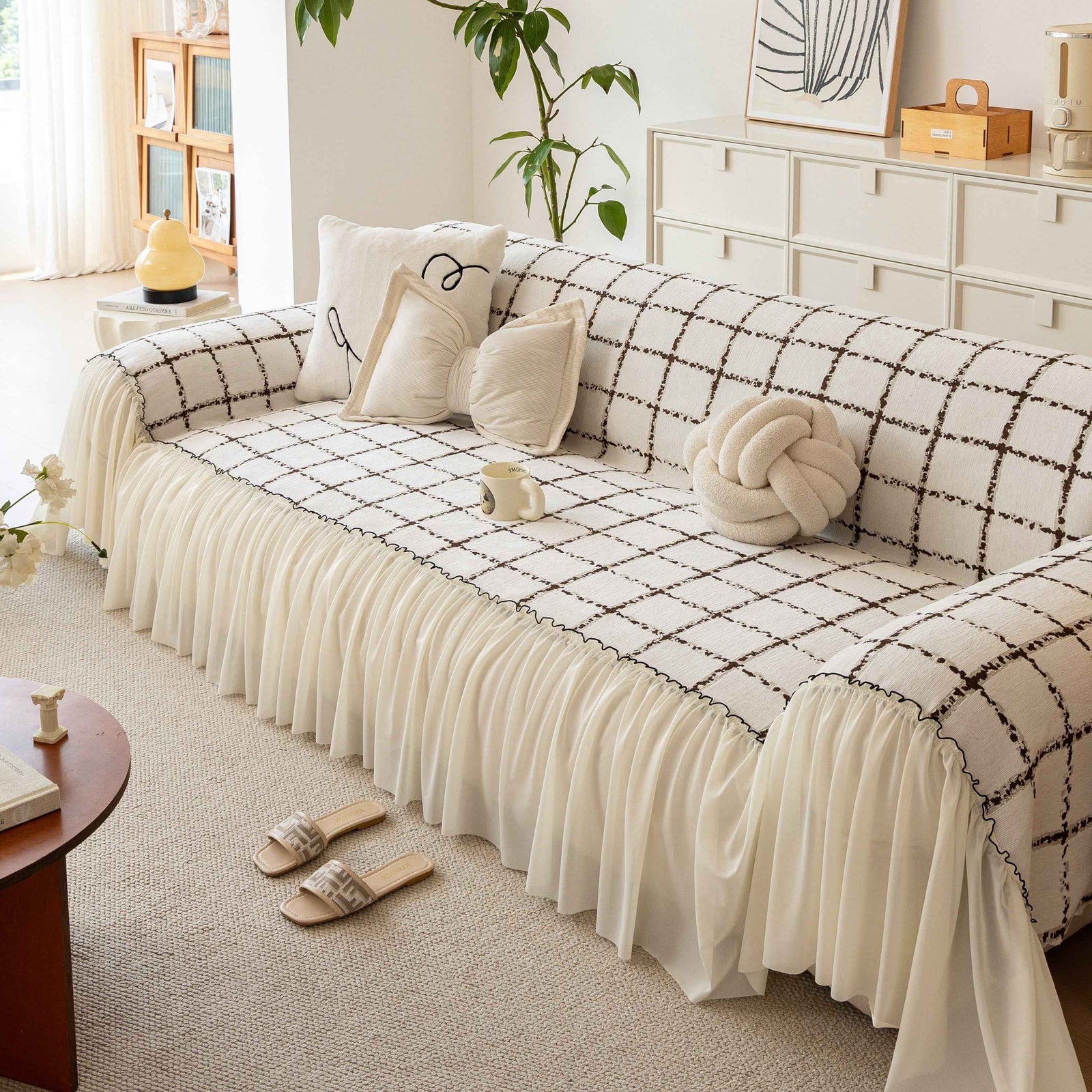 Grid Sofa Cover with Ruffle Skirt – Soft, Decorative, Full-Cover Couch Protector
