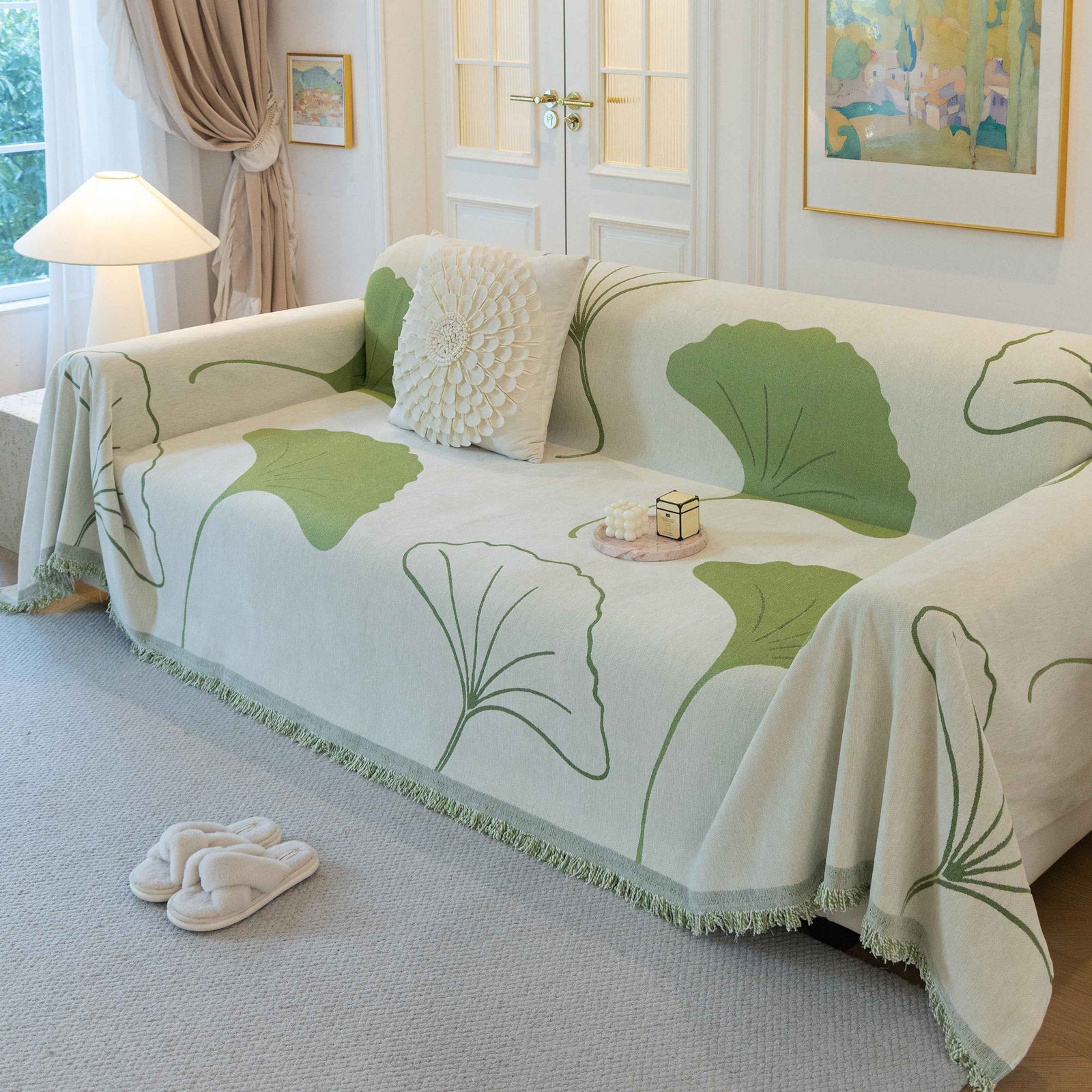 Cozy Couch Throw Blanket with Tassels, Jacquard Leaf Pattern Furniture Protector