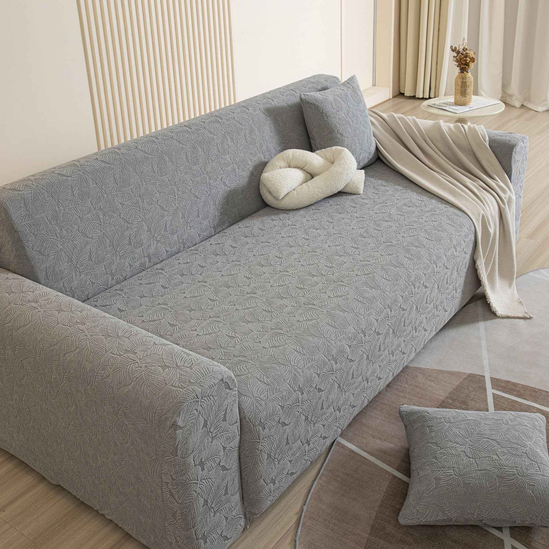 3D Jacquard Leaf Pattern Couch Slipcover, High Stretch Washable Textured Sofa Cover