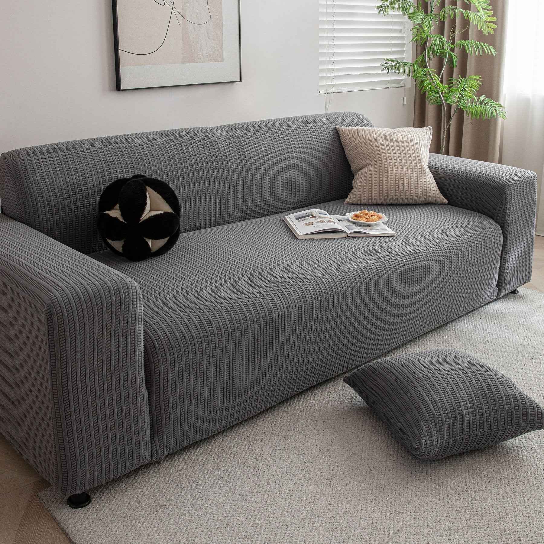 3D Grid Jacquard Sofa Cover, High Stretch Plush Waffle Couch Slipcover with Tie Straps