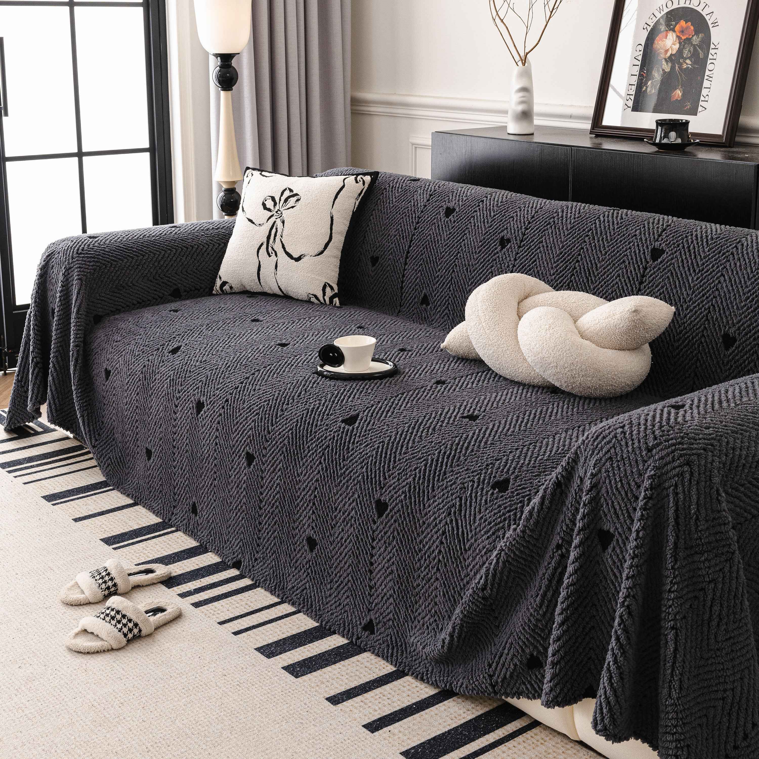 Thick Plush Sofa Cover Throw for Couch, 3D Textured Herringbone Washable Slipcover