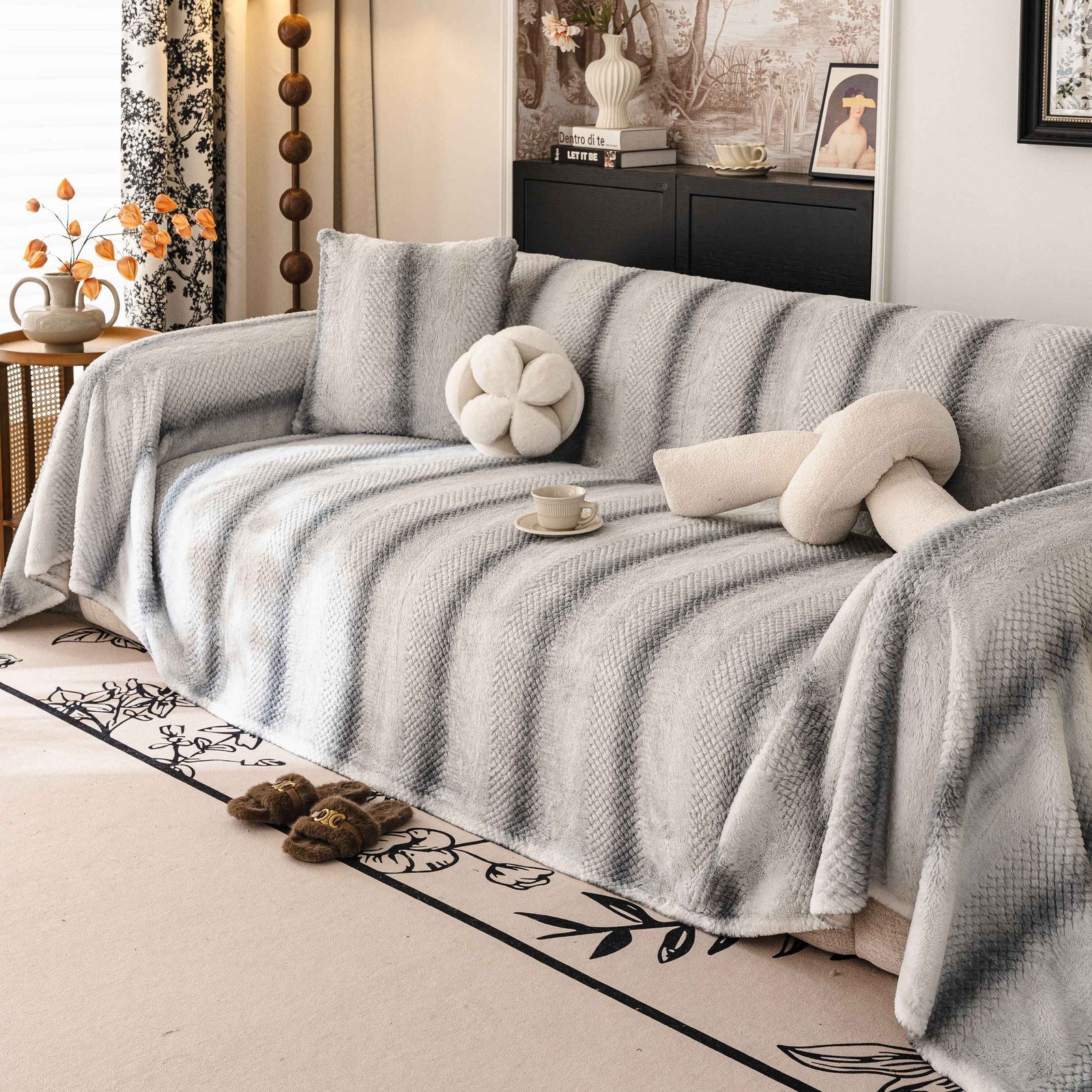 Faux Fur Sofa Cover Washable Furniture Protector for Sectional Warm & Fuzzy Slipcover
