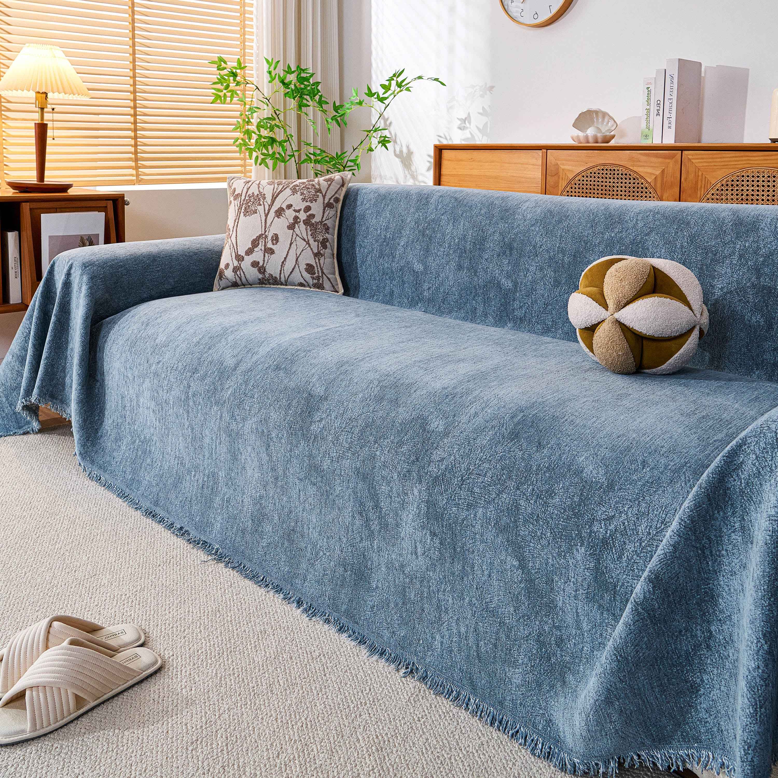 Cozy Textured Couch Protector with Fringe, Universal Soft Slipcover for Couch Sofa Bed