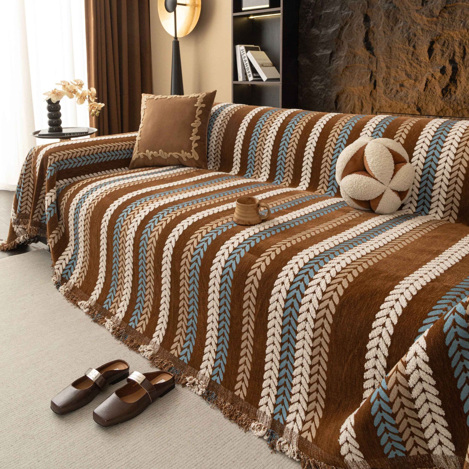 Cozy Decorative Throw Blanket for Couches, Boho Plush Woven Sofa Cover with Stripes