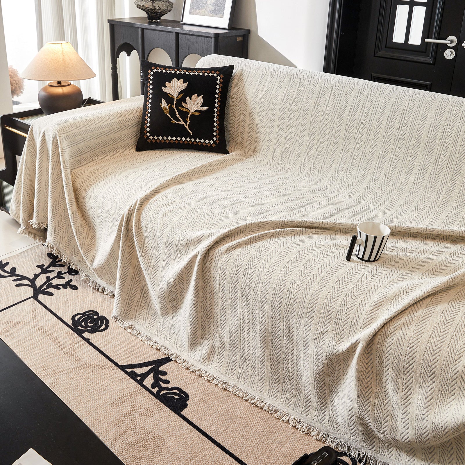 Herringbone Chenille Couch Cover Blanket Soft Durable Throw Sofa Protector with Tassel