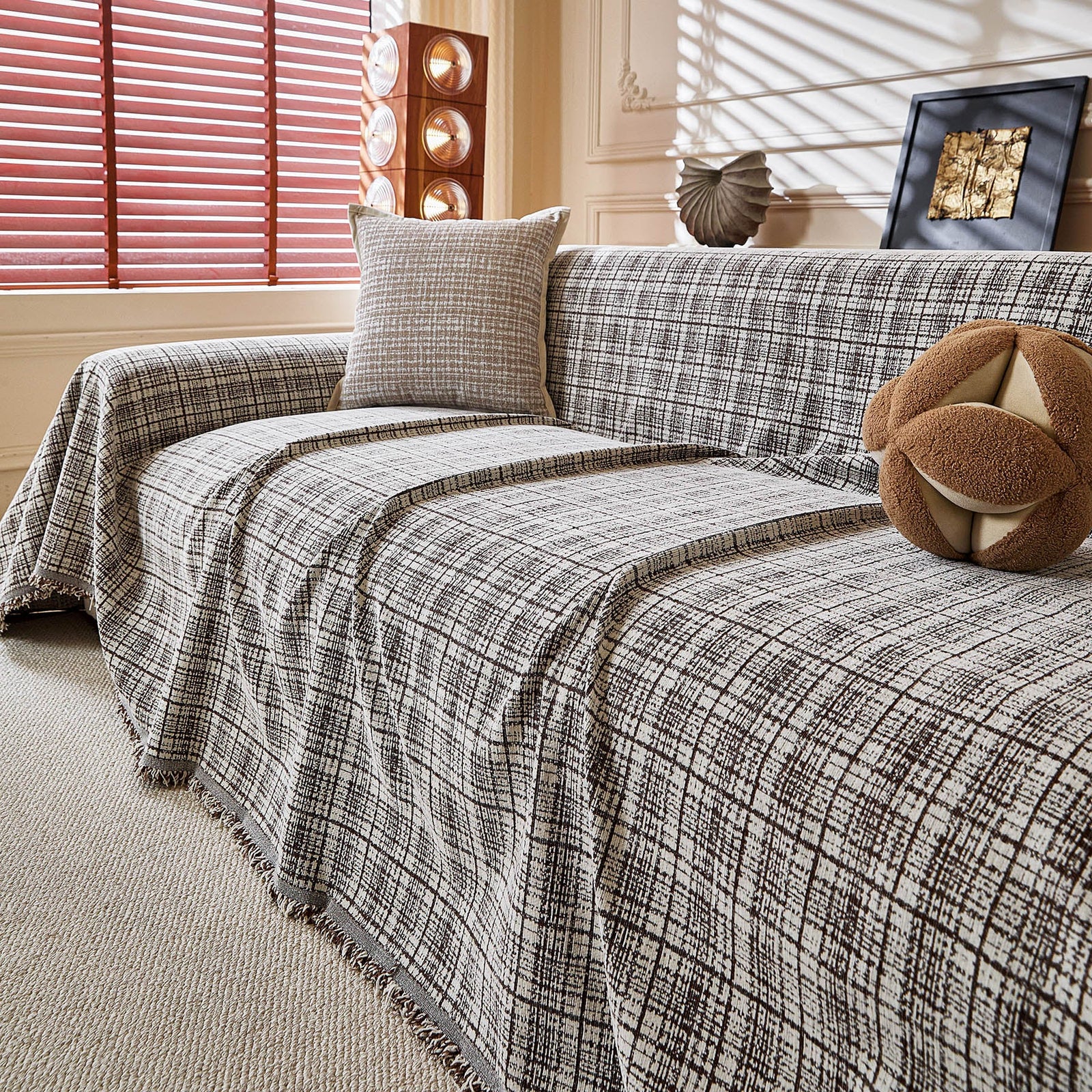 Textured Plaid Couch Throw Cover, Modern Decorative Sectional Furniture Covers