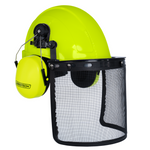 Safety Cap-Style Helmet System with Iron Mesh Face Shield and Earmuffs Lime