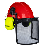 Safety Cap-Style Helmet System with Iron Mesh Face Shield and Earmuffs Lime