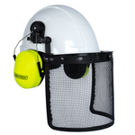 Safety Cap-Style Helmet System with Iron Mesh Face Shield and Earmuffs Lime