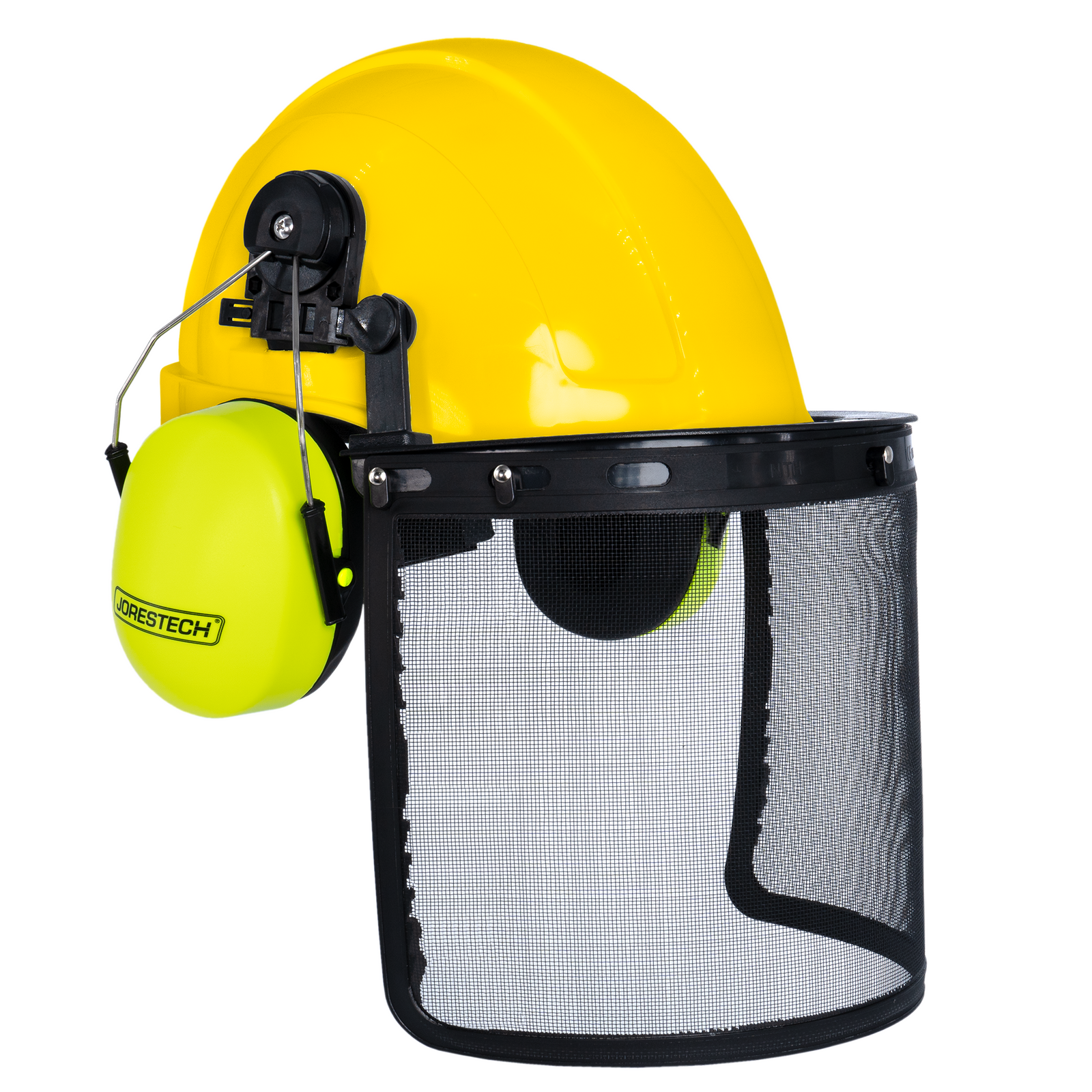 Safety Cap-Style Helmet System with Iron Mesh Face Shield and Earmuffs Lime