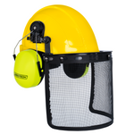 Safety Cap-Style Helmet System with Iron Mesh Face Shield and Earmuffs Lime