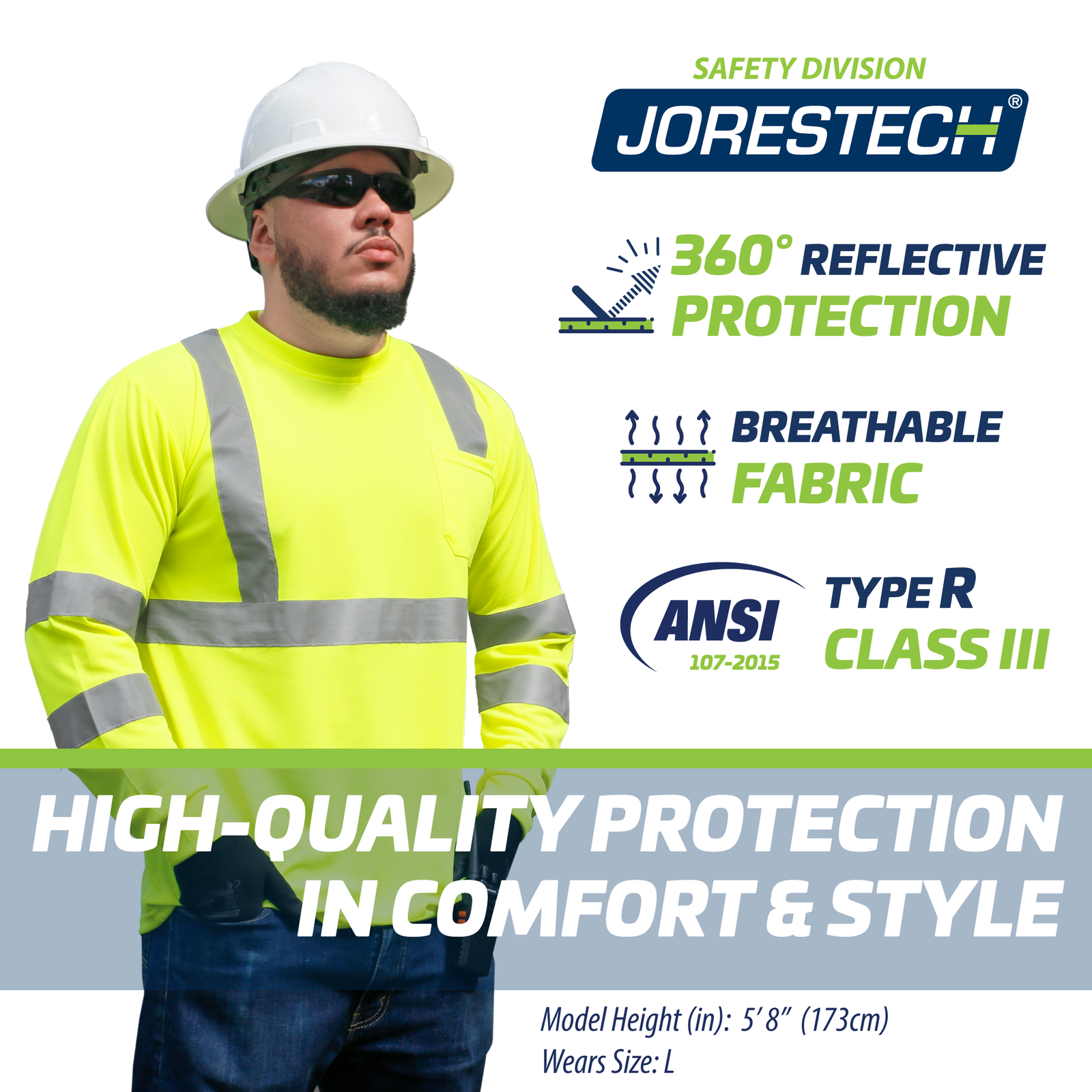 Jorestech Hi Vis Long Sleeve Reflective Safety Shirt – ANSI Class 3 Compliant