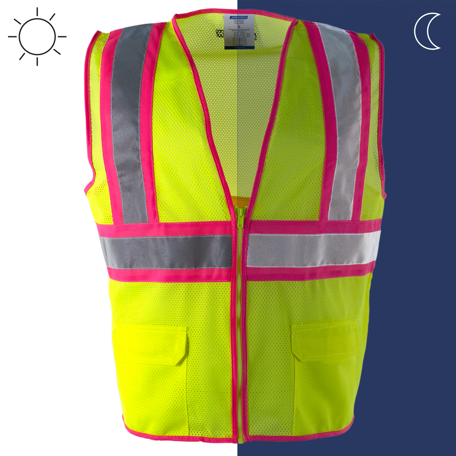 Hi Vis Mesh Safety Vest with Pink Contrasting Strips and Reflective Tapes