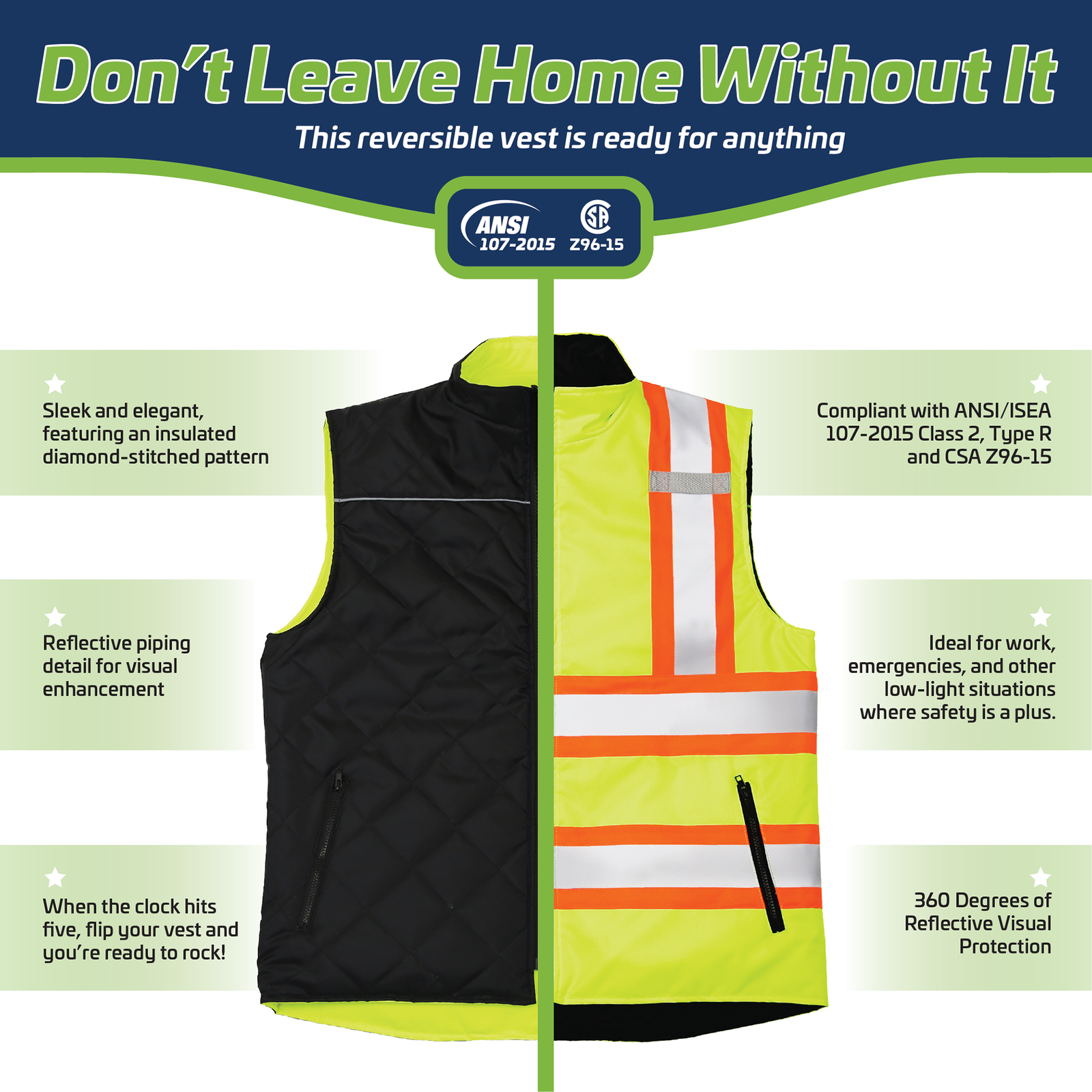 Hi-Vis X-Back Reversible Insulated Safety Vest with Reflective Strips