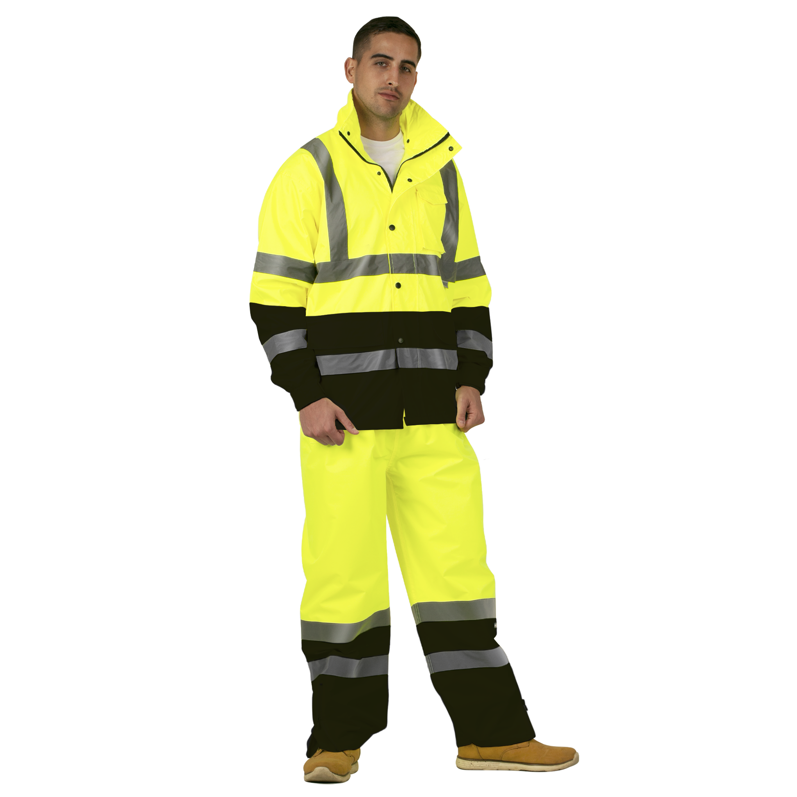 Hi-Vis Yellow/Black Rain Set - Pants & Jacket with 2
