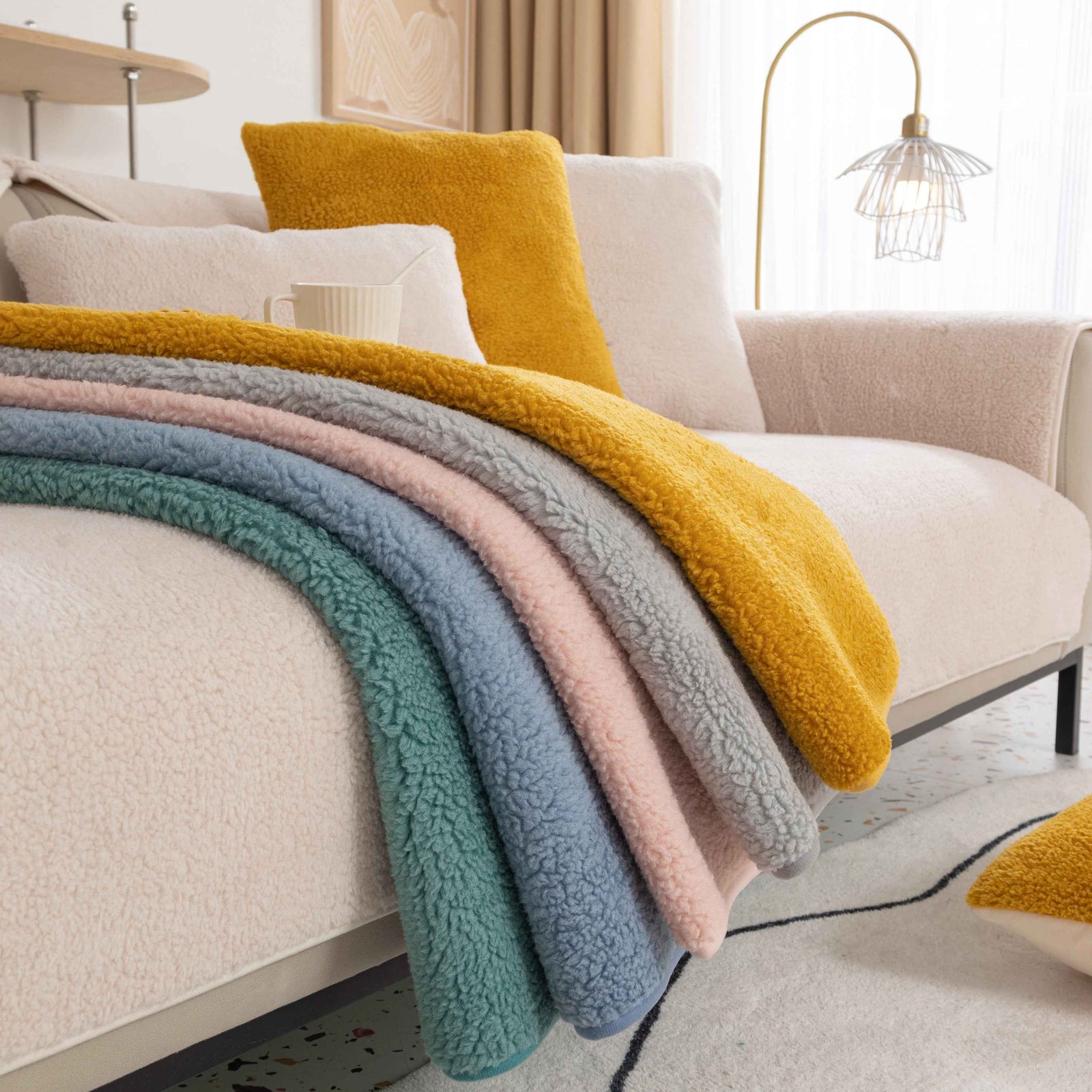 Luxury Sherpa Fleece Solid Sofa Towels Thickened Plush Non Slip Sofa Cushion Covers