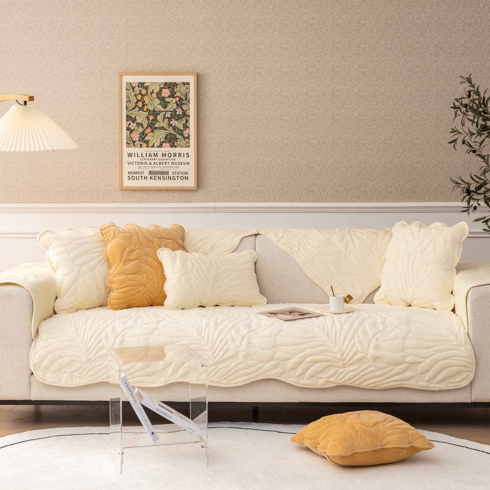 Soft Furry Velvet Plush Non-Slip Sofa Cover Quilted Palm Leaves Sectional Couch Cover for Kids and Pets