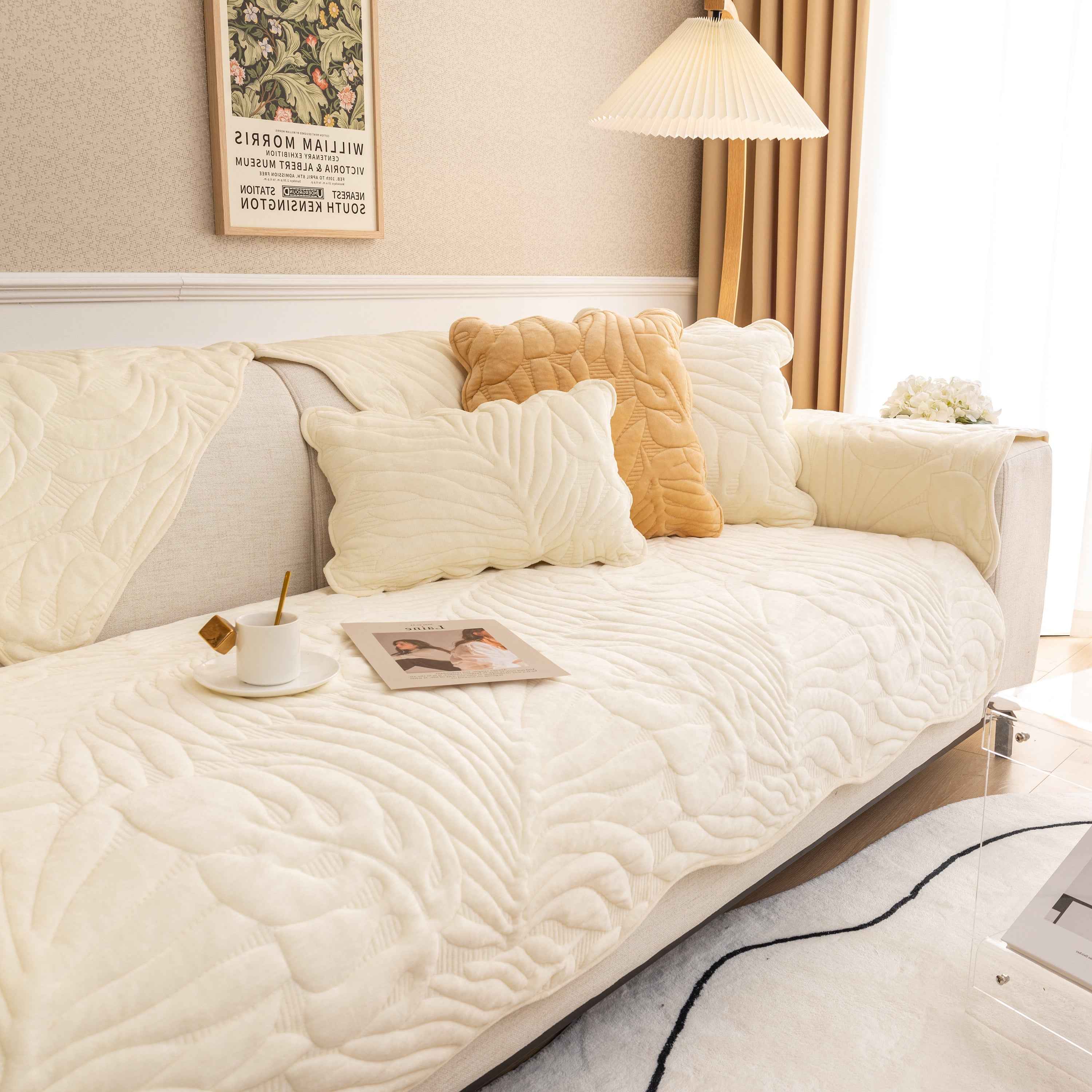 Soft Furry Velvet Plush Non-Slip Sofa Cover Quilted Palm Leaves Sectional Couch Cover for Kids and Pets