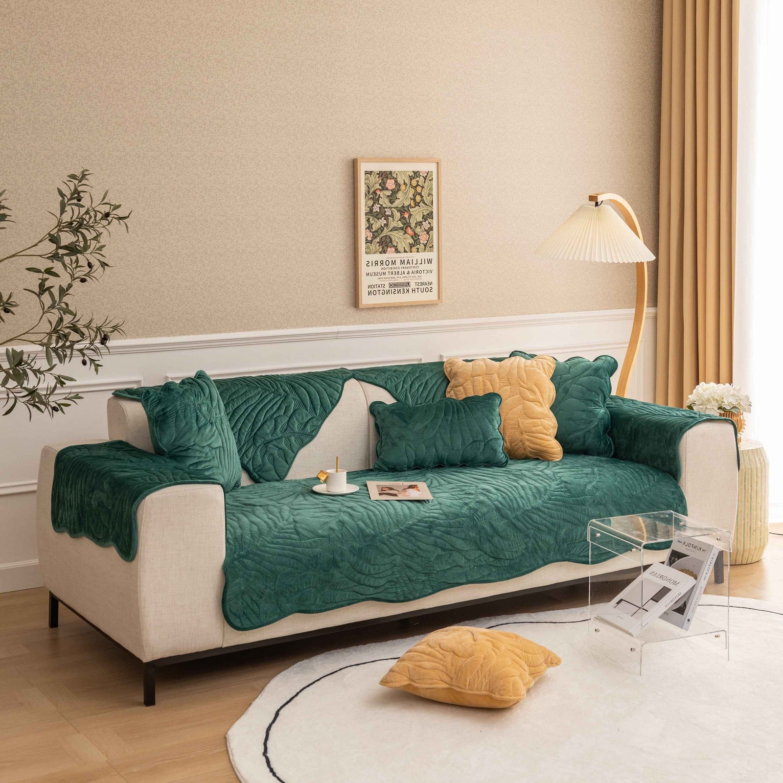 Soft Furry Velvet Plush Non-Slip Sofa Cover Quilted Palm Leaves Sectional Couch Cover for Kids and Pets