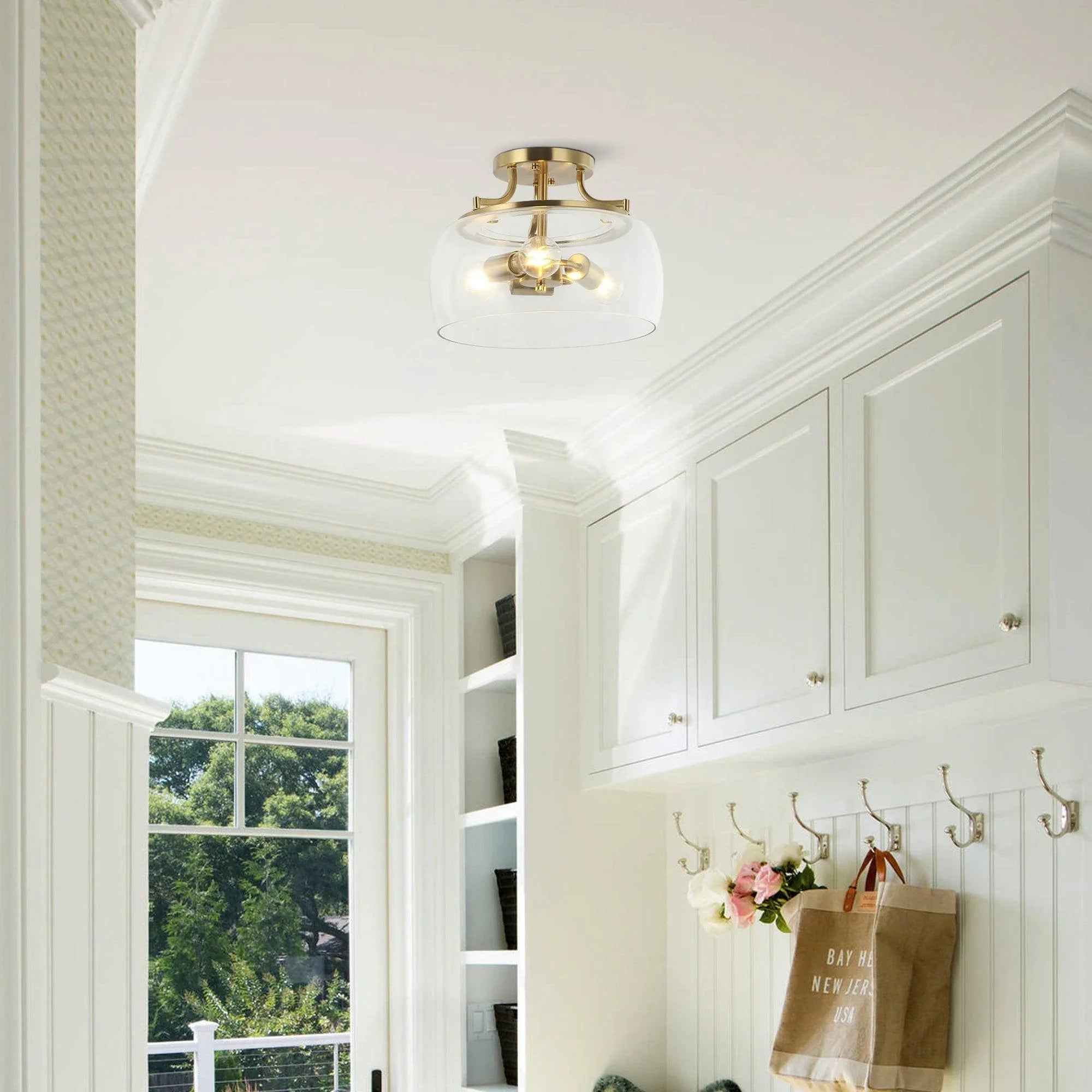 13 Inch 3-Light Brass Gold Semi-Flush Mount Ceiling Light Fixture with Clear Glass Shade