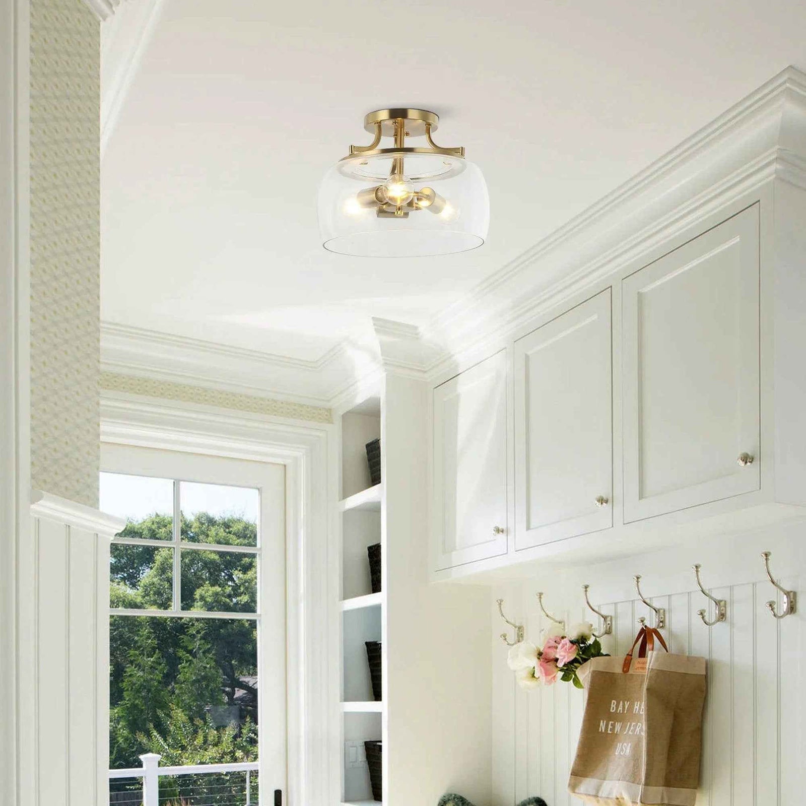 13 Inch 3-Light Brass Gold Semi-Flush Mount Ceiling Light Fixture with Clear Glass Shade
