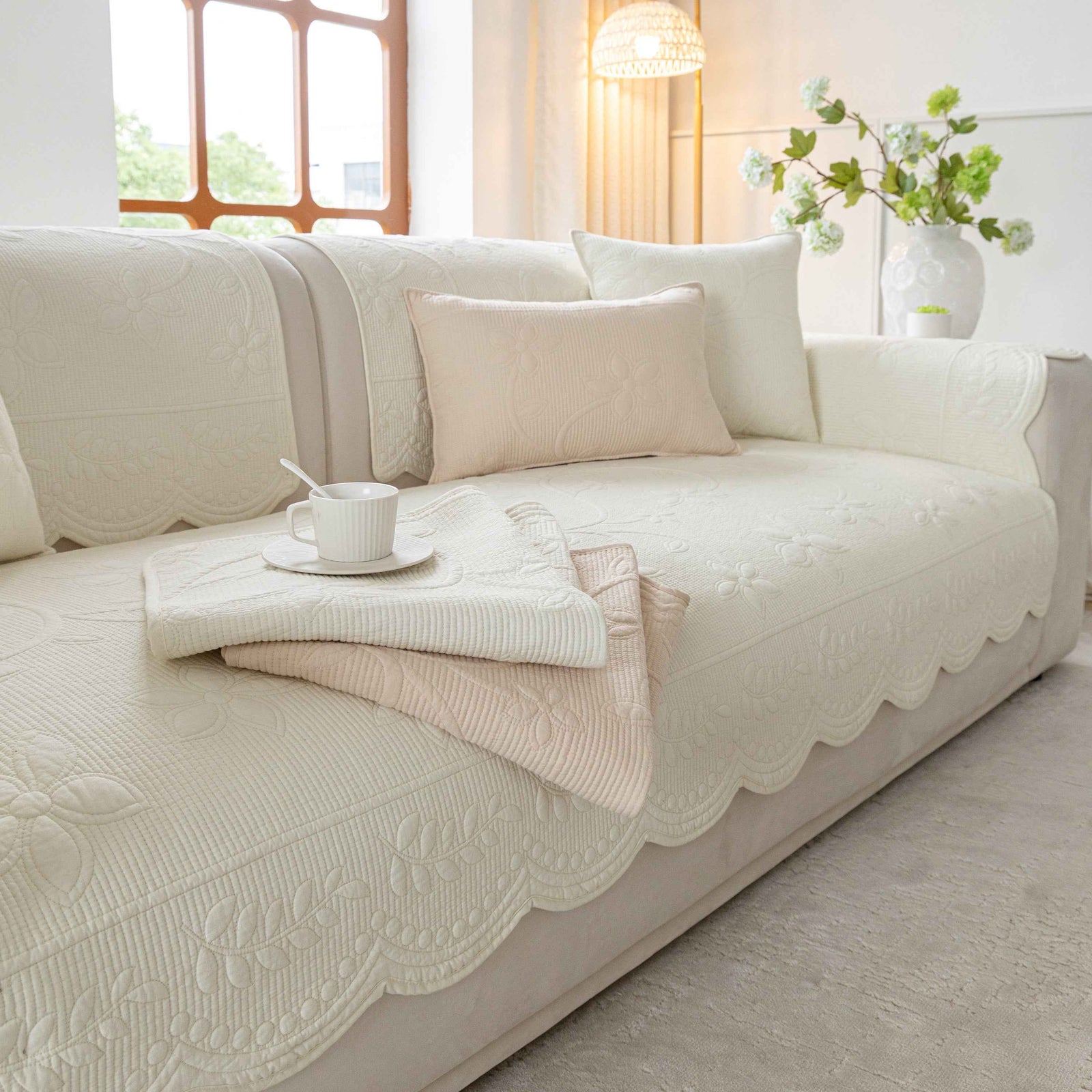 Floral Cotton Quilted Sofa Cover, Non-Slip Couch Protector with Scalloped Edges