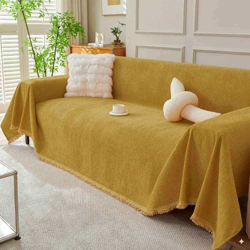 Solid Color Chenille Sofa Throw Blanket, Modern Decor Soft Couch Cover with Fringes