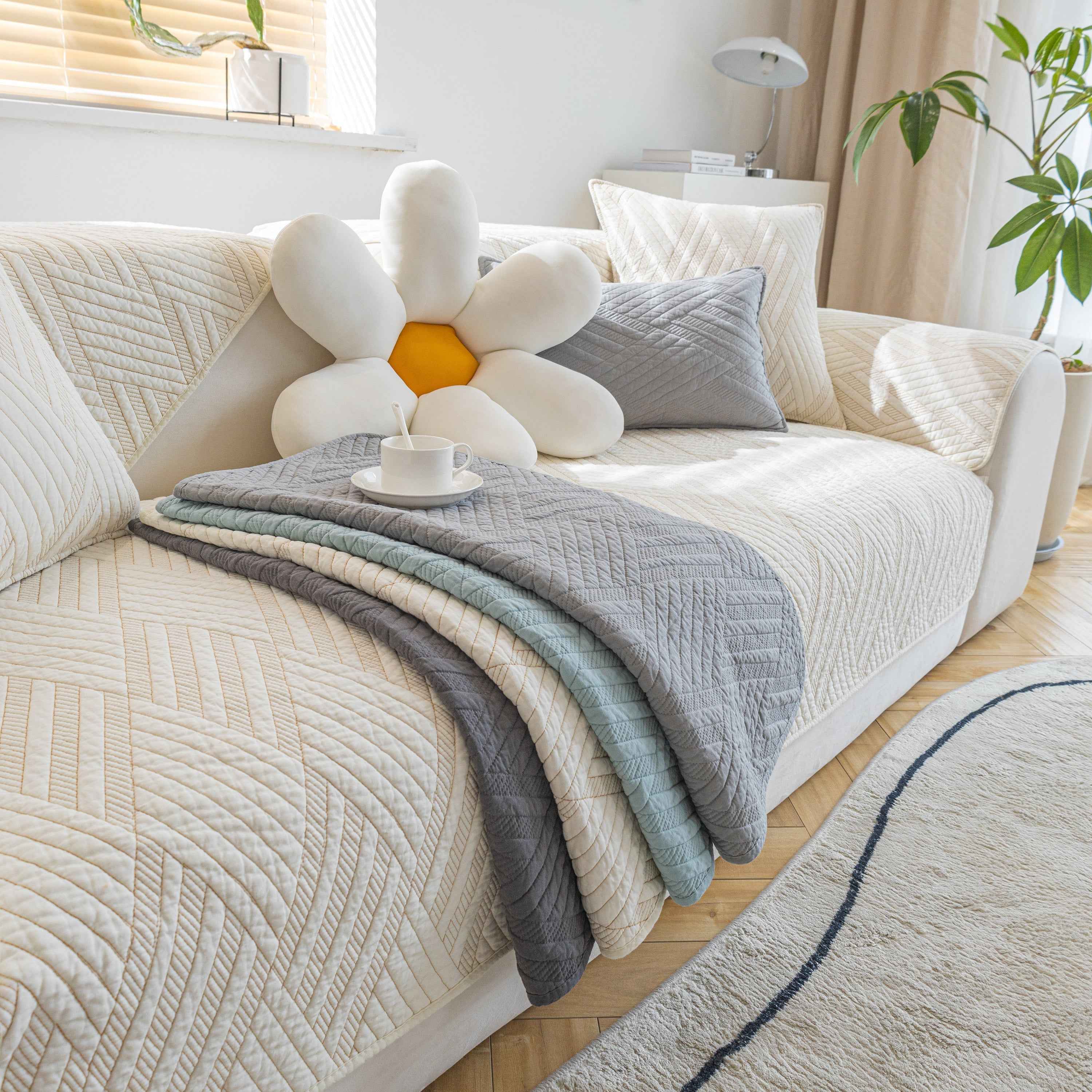 Quilted Geometric Cotton Sofa Cover, Non-Slip & Thick Padded Furniture Covers
