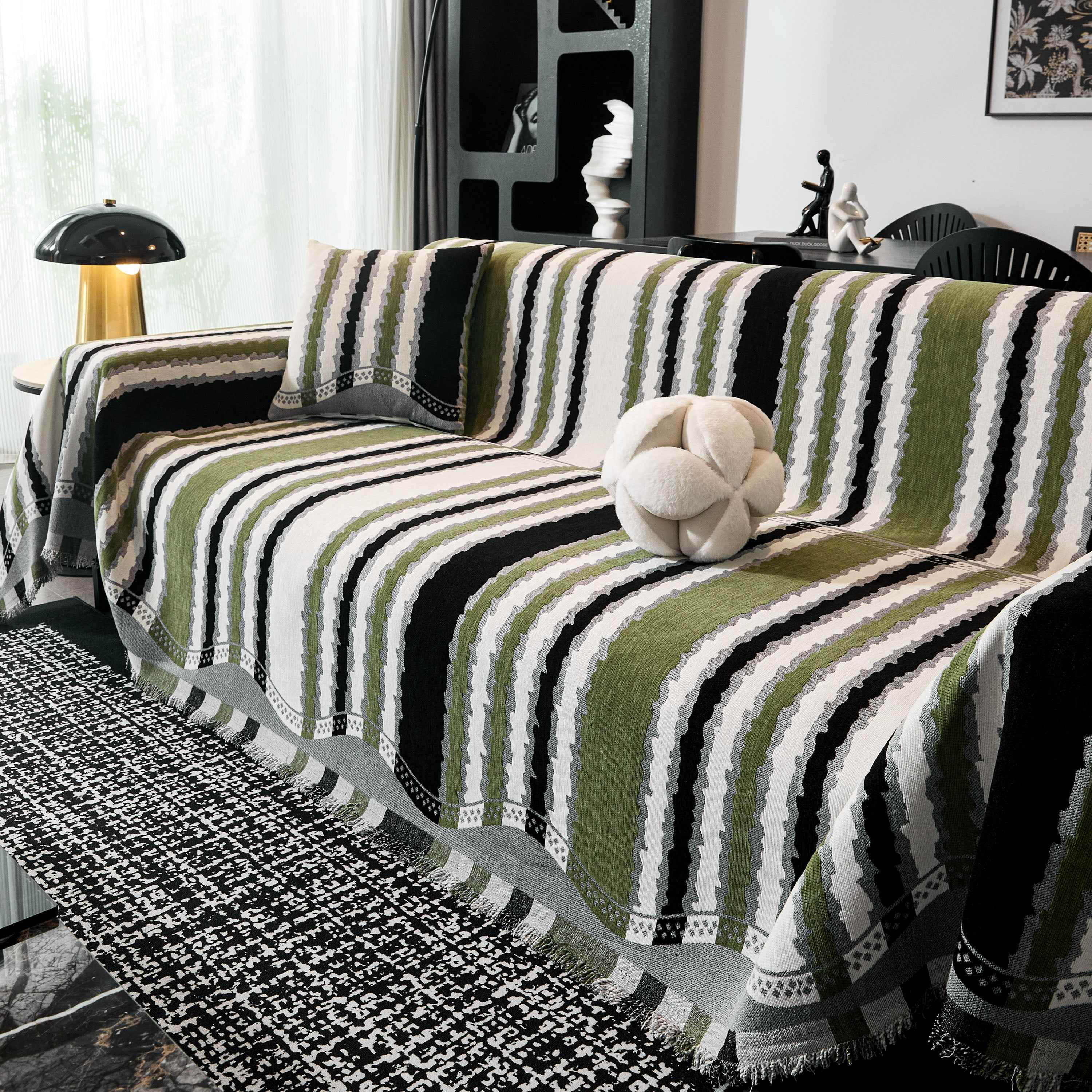 Striped Chenille Sofa Throw Covers, Boho Style Cozy Couch Protector Blanket