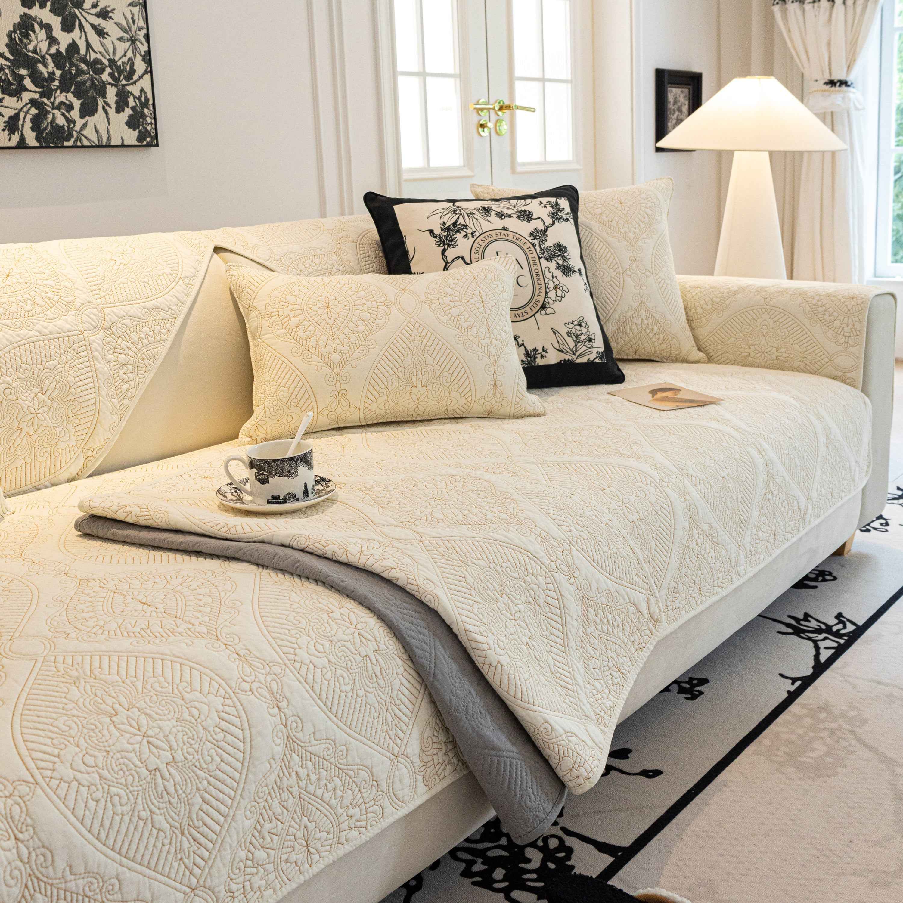 Baroque Sofa Cover – Quilted Cotton, Non-Slip, Washable with Ornate Embroidery
