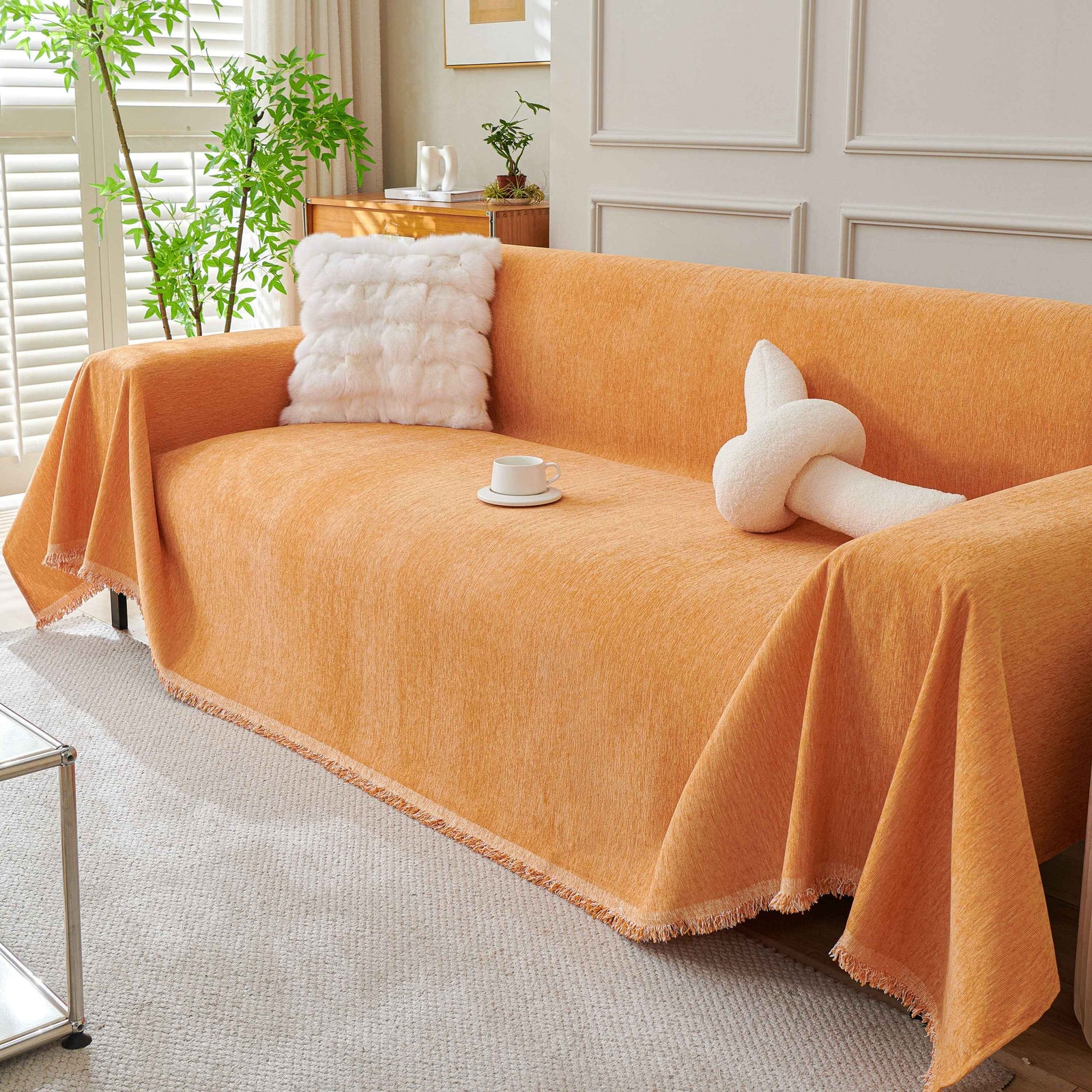 Solid Color Chenille Sofa Throw Blanket, Cozy & Easy Care Fringed Furniture Protector