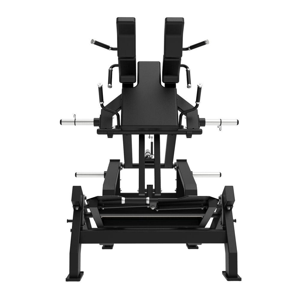 Excel Glute Line Hack Squat / Front Squat - Muscle D Fitness - Plate Load Squat Machine - Counter Balanced - Plate Storage Pegs