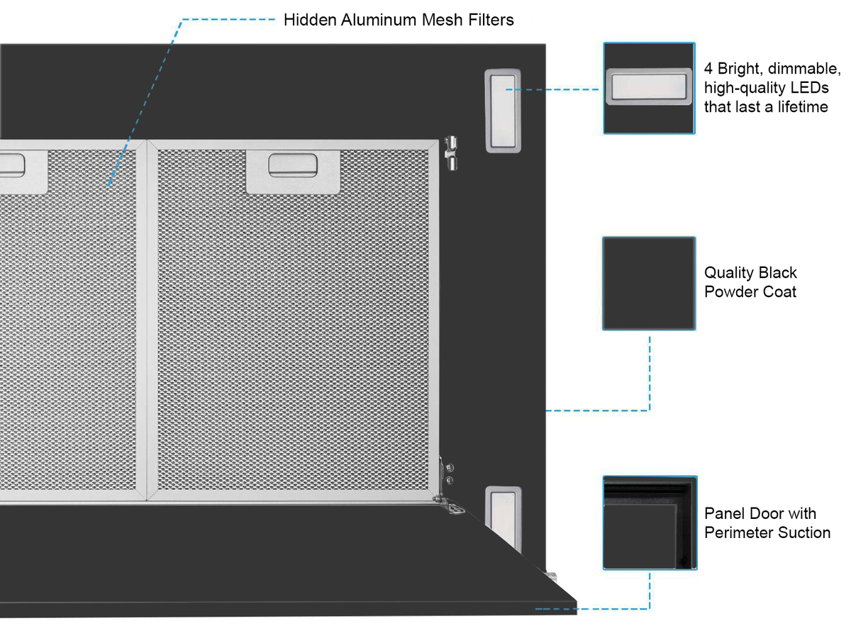 600 CFM Black Flush Ceiling Mount Range Hood - VICTORY Sunset