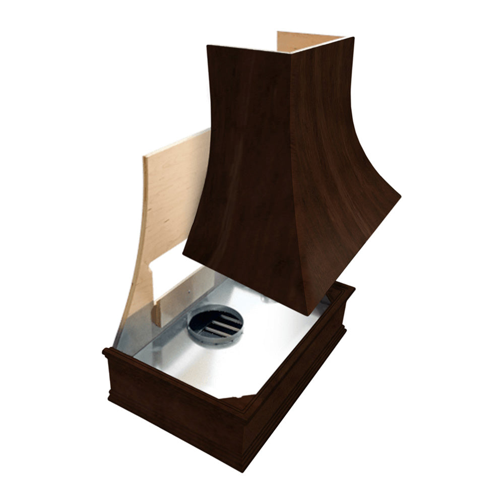 Wood Range Hood With Curved Front and Brass Strapping and Flat Trim - 30