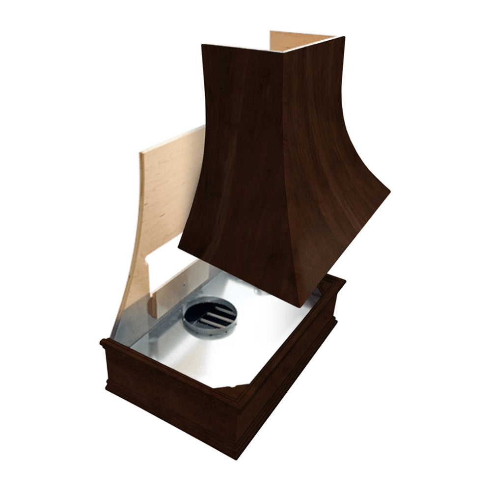 Wood Range Hood With Curved Front, Silver Strapping and Block Trim - 30