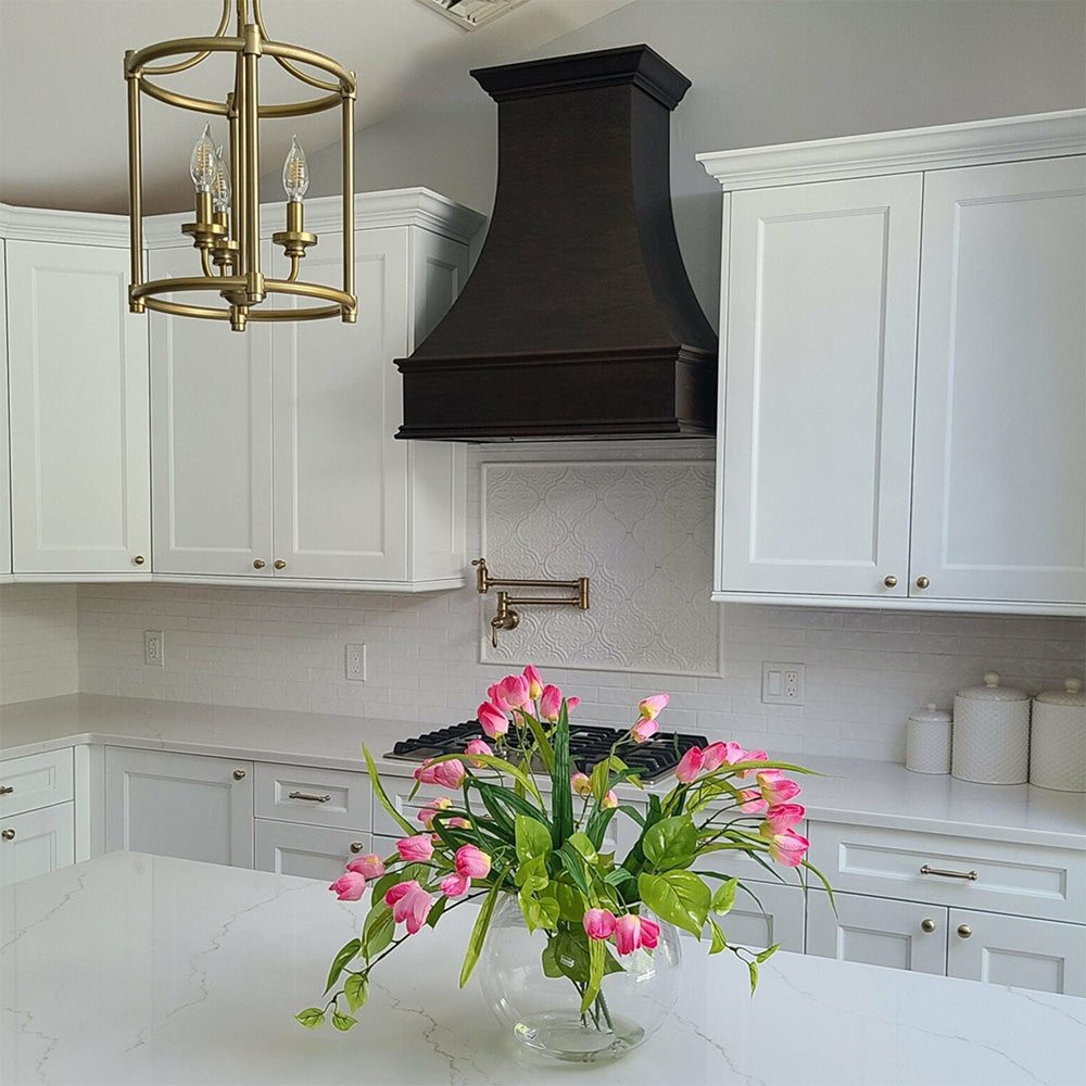 Wood Range Hood With Curved Strapped Front and Block Trim - 30