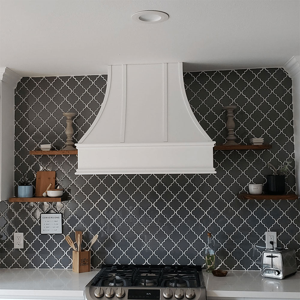 Wood Range Hood With Curved Strapped Front and Decorative Trim - 30