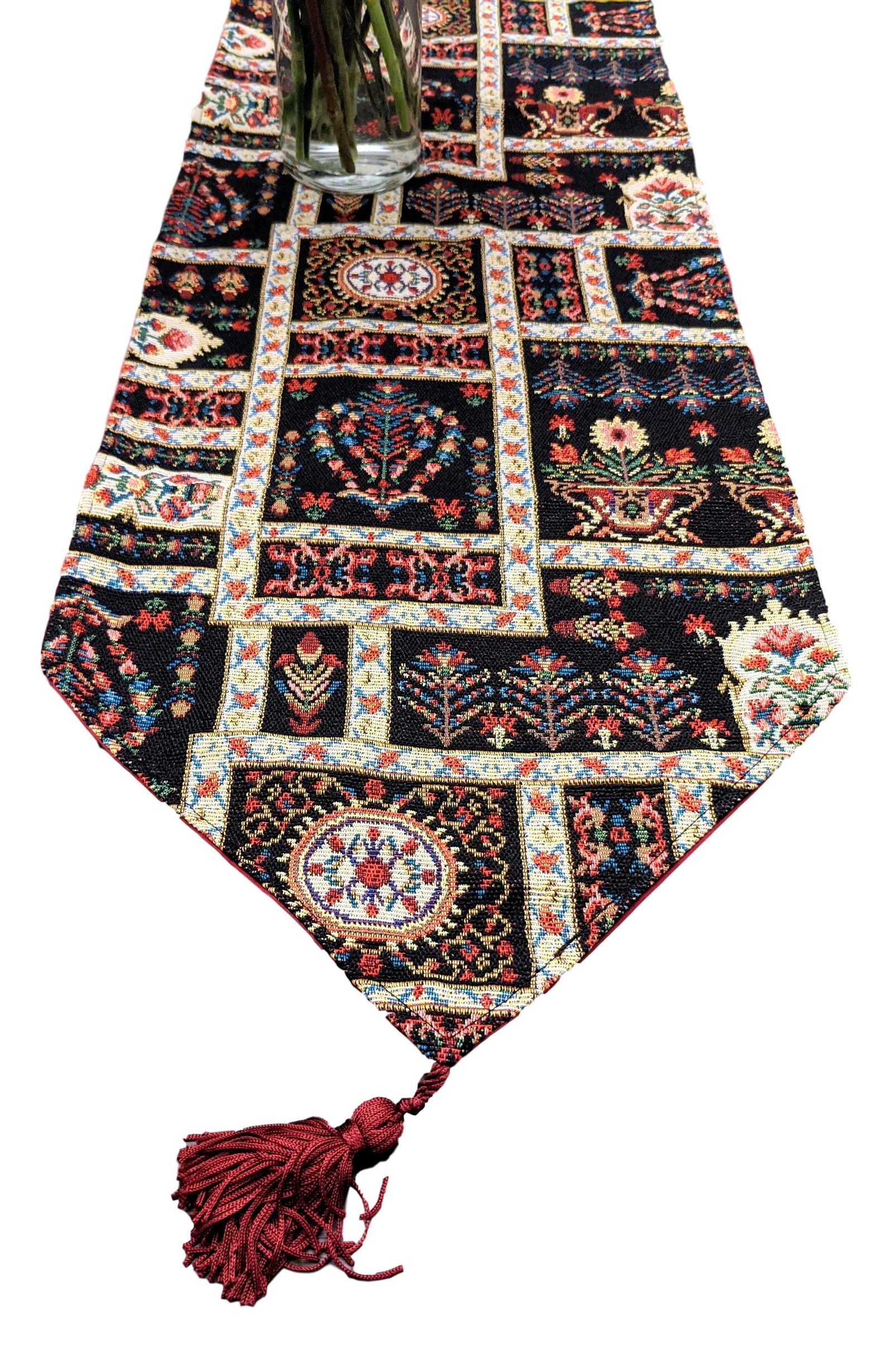 DaDalogy Bedding Elegant Woven Mughal Floral Tapestry Table Runner, Dark Noir Botanical Vintage Fleur (18197)