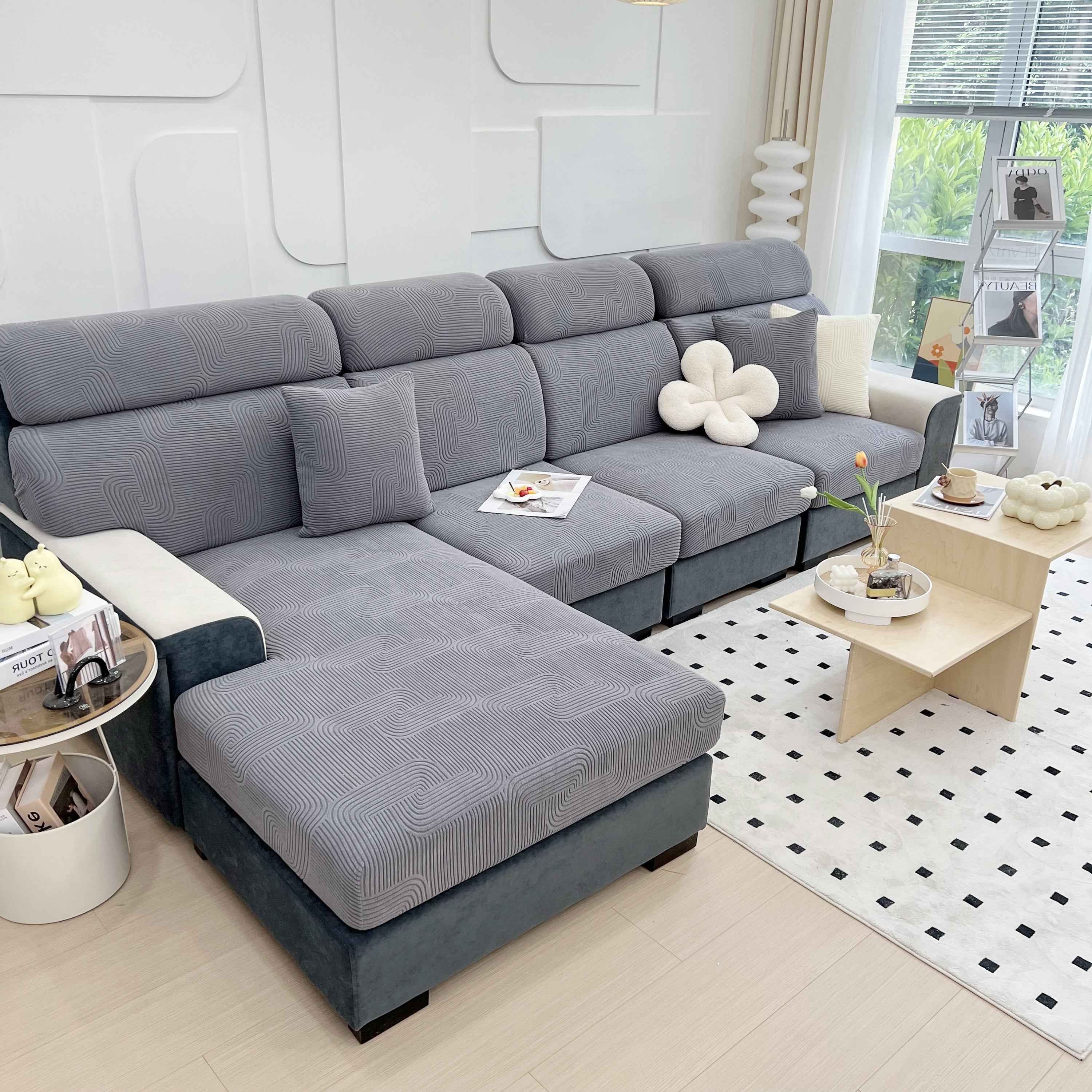 Stretch Couch Cushion Covers, Washable Chaise Lounge Sofa Slipcover, Elastic Furniture Protector for Pets, Kid