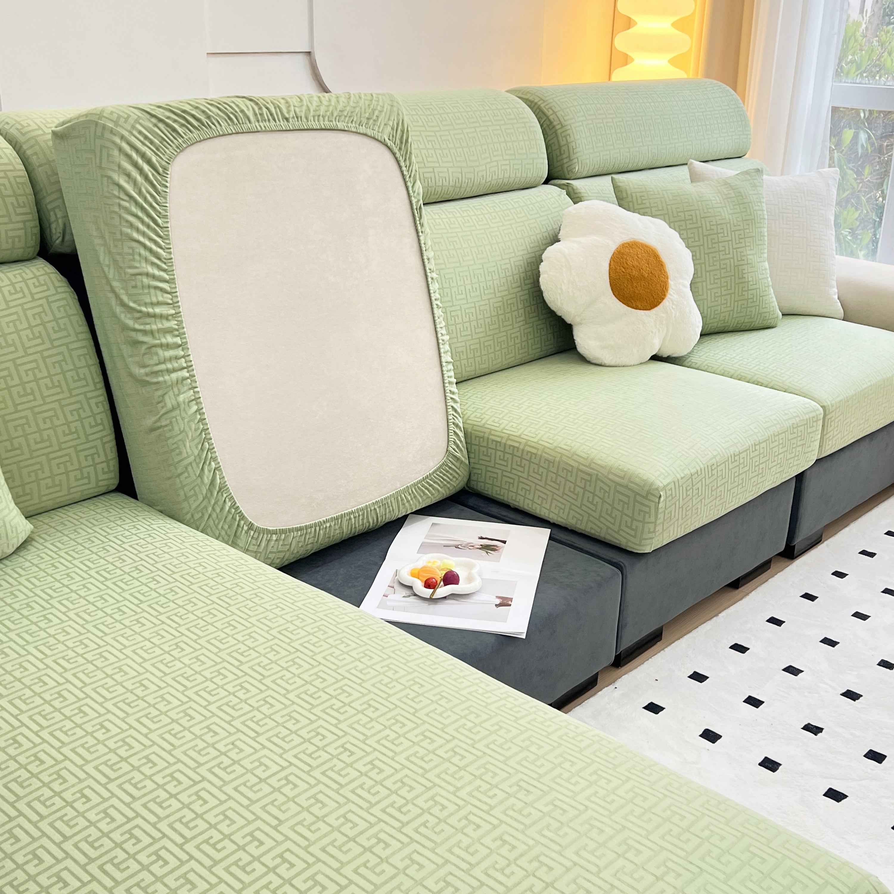 Vedic Chant Jacquard Fleece Fabric Stretch Cushion Cover, Non-Slip Furniture Protector for Kids, Chaise Lounge Cushion Covers