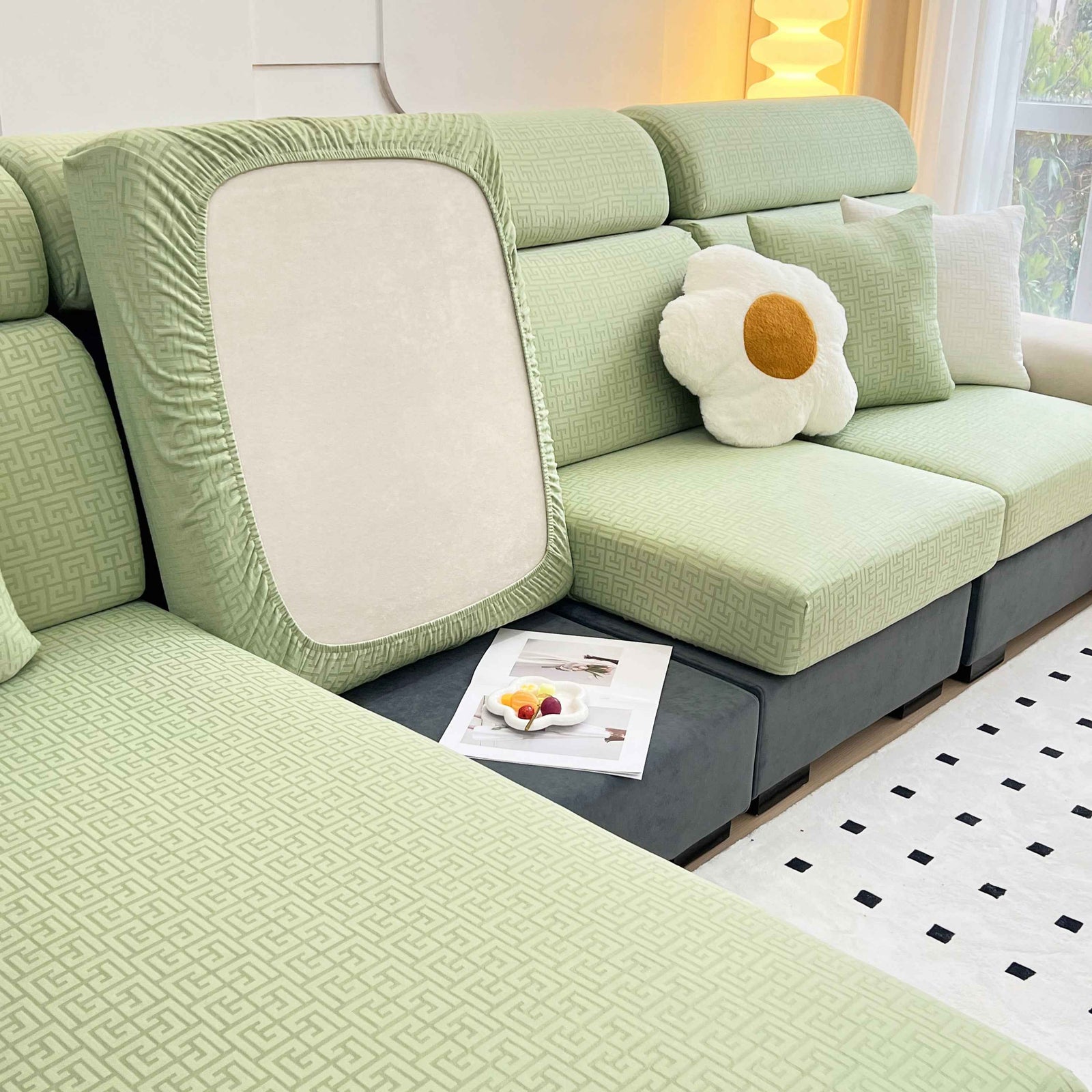 Vedic Chant Jacquard Fleece Fabric Stretch Cushion Cover, Non-Slip Furniture Protector for Kids, Chaise Lounge Cushion Covers