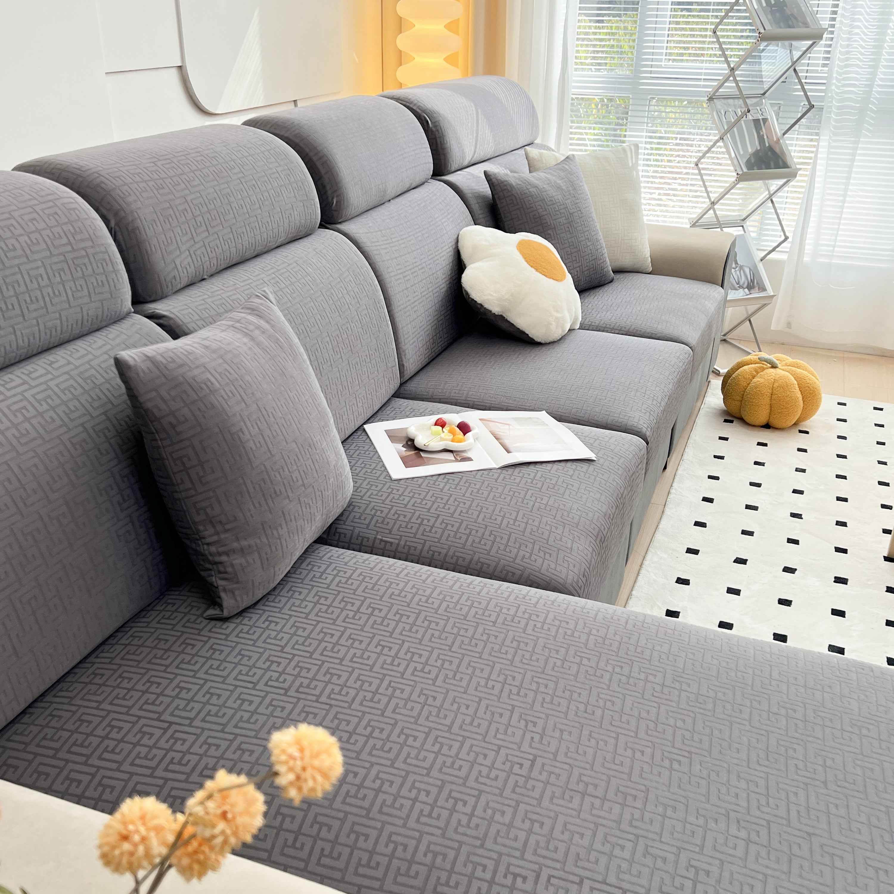 Vedic Chant Jacquard Fleece Fabric Stretch Cushion Cover, Non-Slip Furniture Protector for Kids, Chaise Lounge Cushion Covers