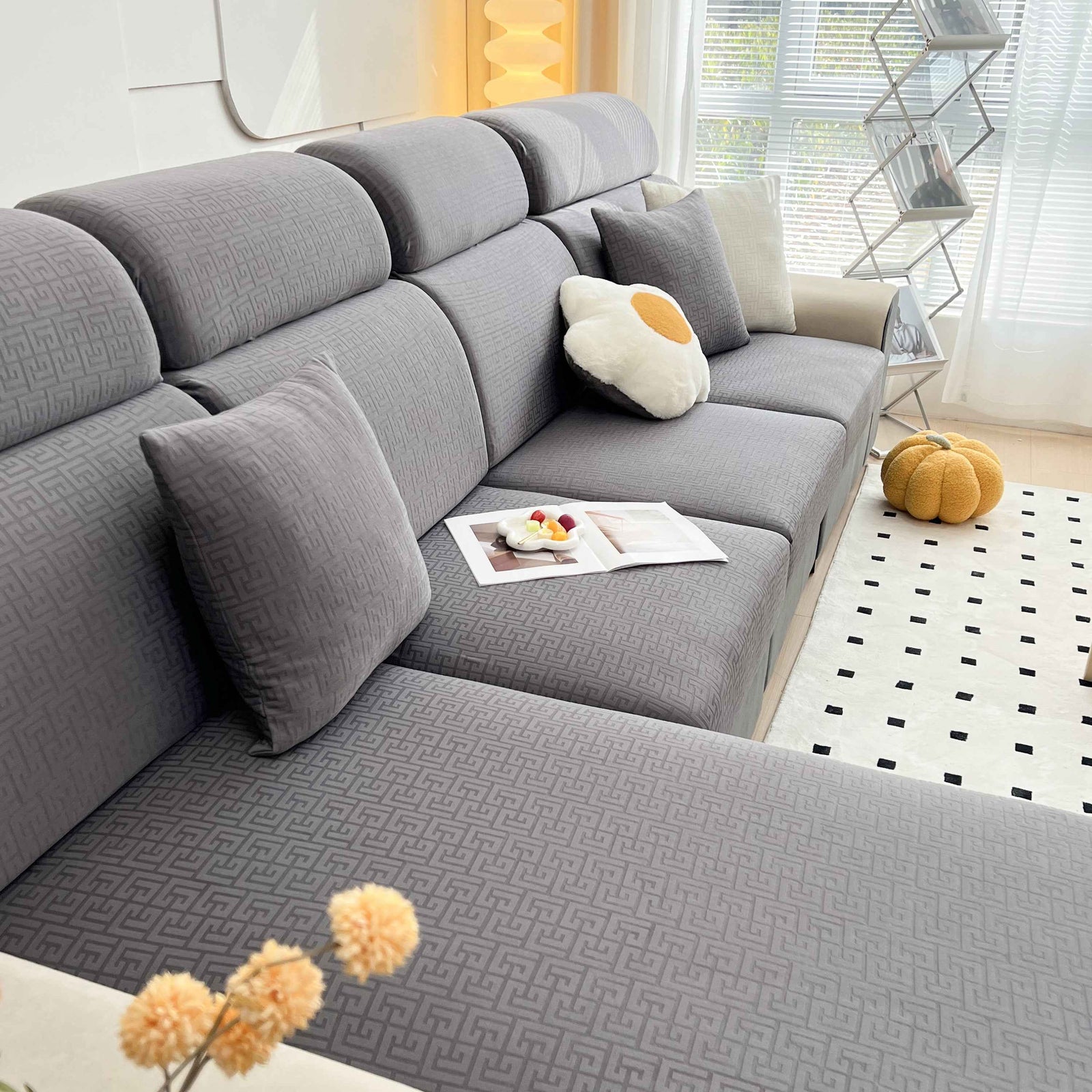 Vedic Chant Jacquard Fleece Fabric Stretch Cushion Cover, Non-Slip Furniture Protector for Kids, Chaise Lounge Cushion Covers