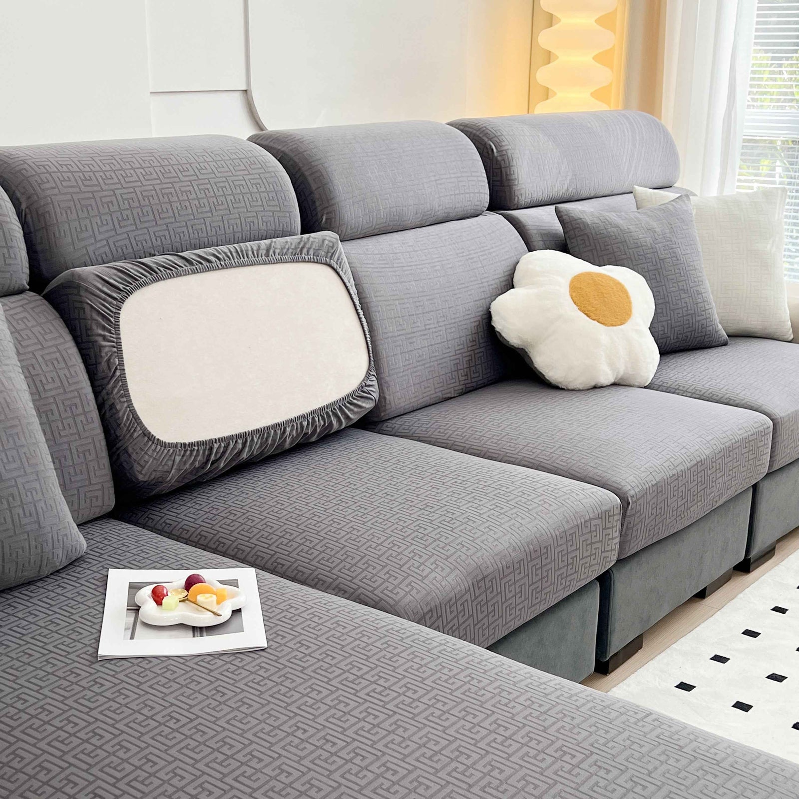 Vedic Chant Jacquard Fleece Fabric Stretch Cushion Cover, Non-Slip Furniture Protector for Kids, Chaise Lounge Cushion Covers